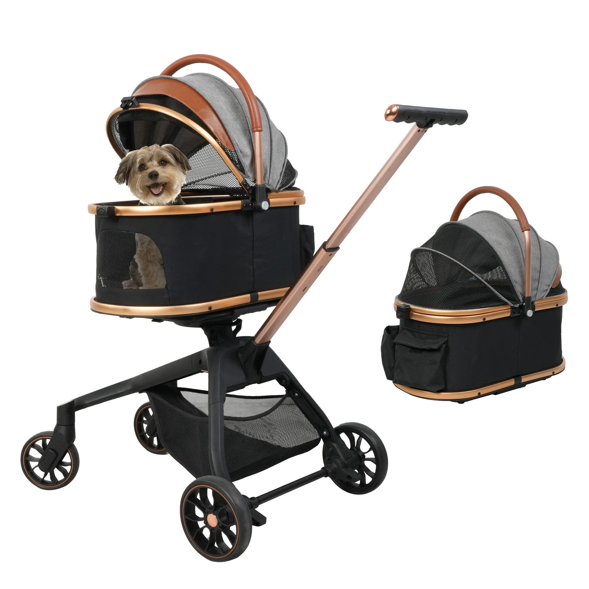 2 in 1 Dog Stroller Pet Carrier with Detachable Carrier and Adjustable Handle, Gold