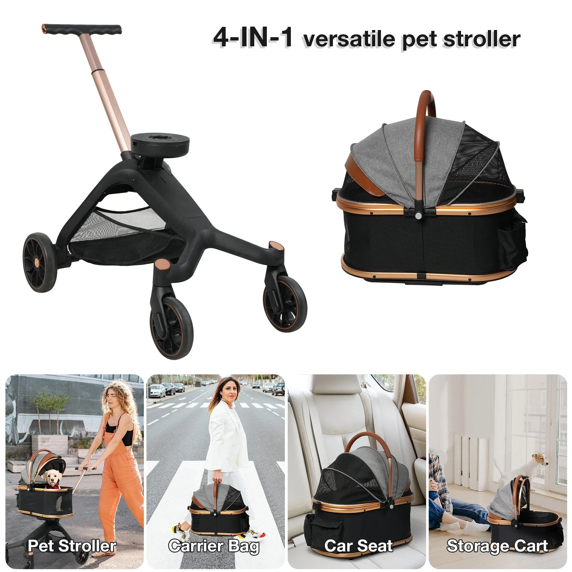 2 in 1 Dog Stroller Pet Carrier with Detachable Carrier and Adjustable Handle, Gold