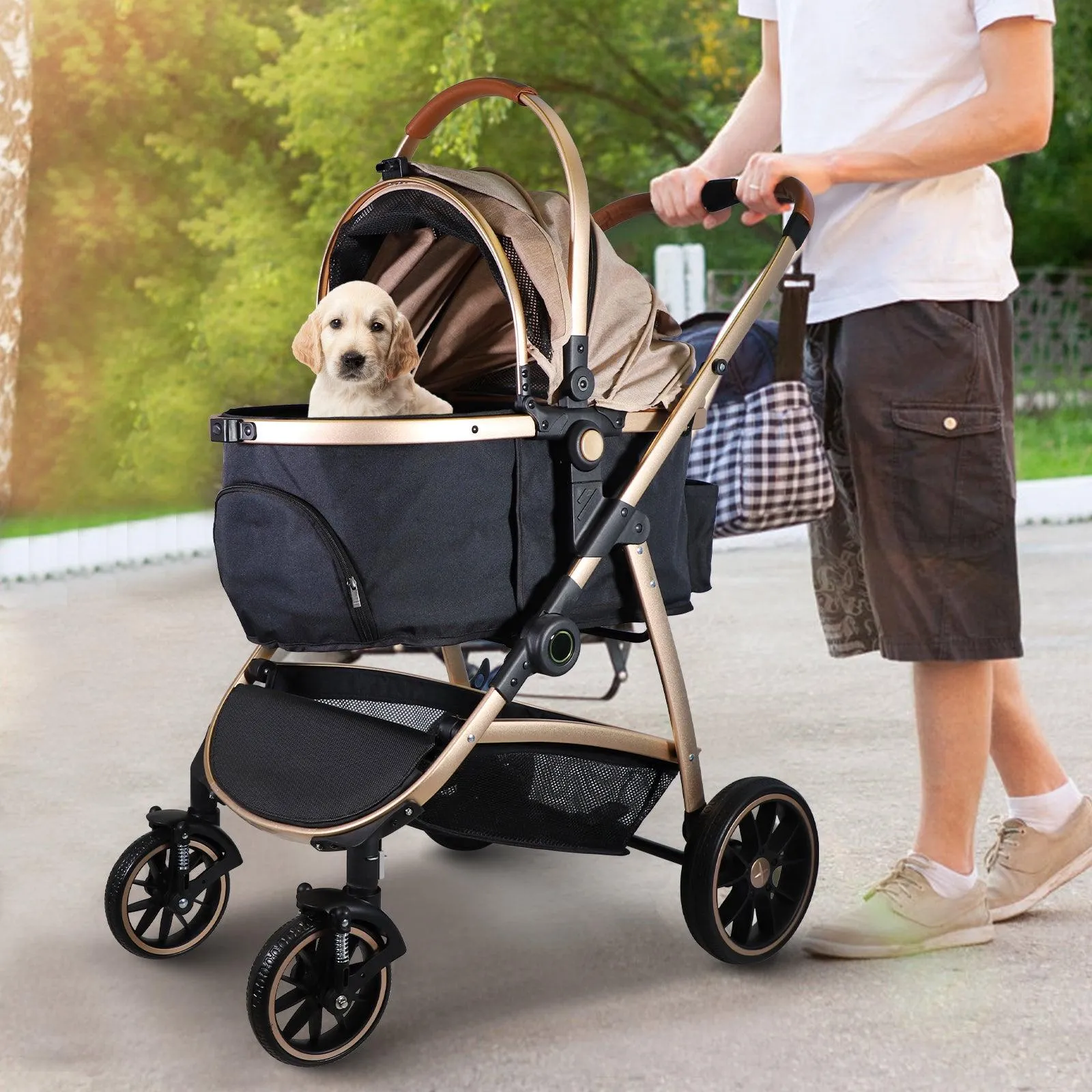 3 in 1 Travel Dog Stroller Pet Carrier with Detachable Carrier & Adjustable Handle, Gold