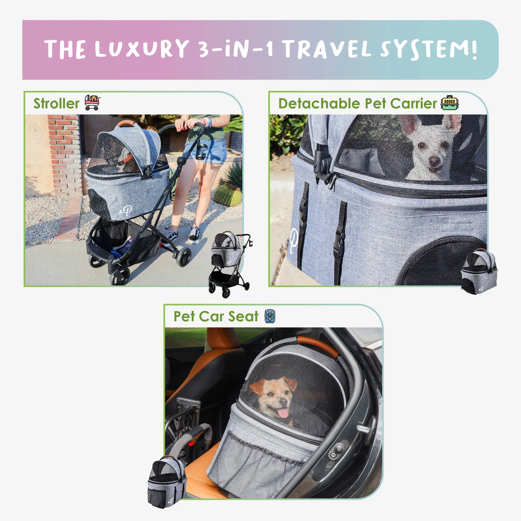 3-in-1 Travel Tri-Fold Pet Stroller: Detachable Carrier, Car Seat, Patented Pee Pad Insert, Lightweight, Collapsible, Pump-Free Wheels, Storage, Ventilation, Dual Wheel Brake, for Dogs, Cats, Small Animals, Supports up to 55 LBS