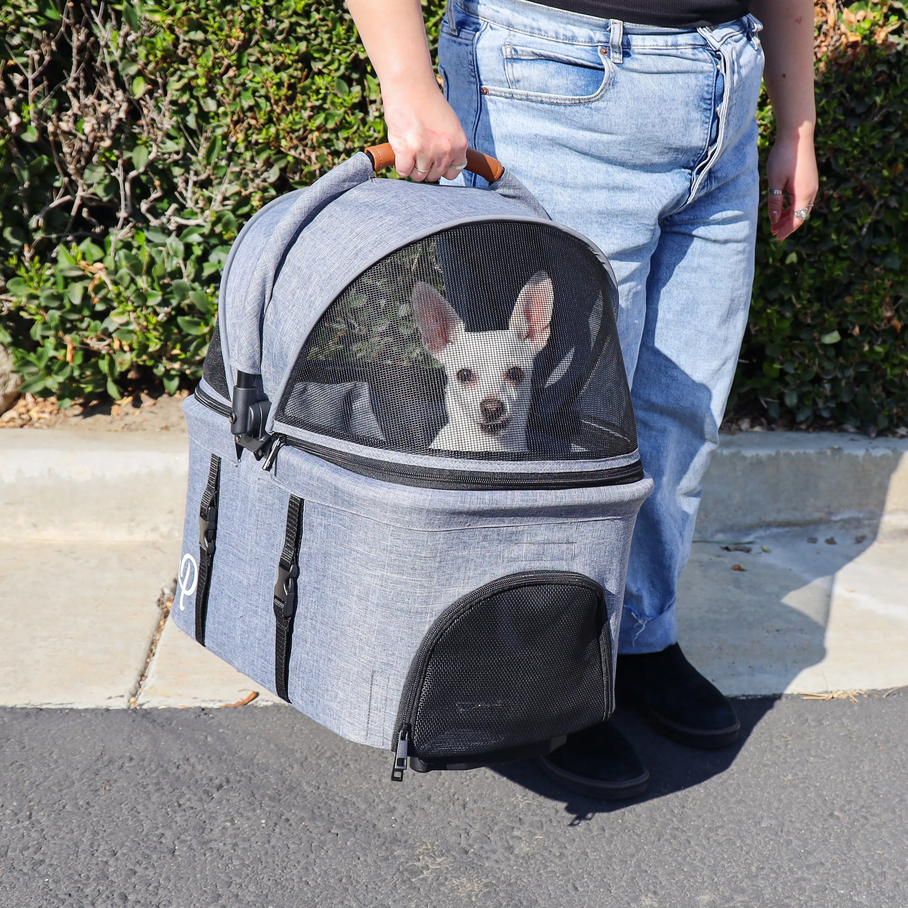 3-in-1 Travel Tri-Fold Pet Stroller: Detachable Carrier, Car Seat, Patented Pee Pad Insert, Lightweight, Collapsible, Pump-Free Wheels, Storage, Ventilation, Dual Wheel Brake, for Dogs, Cats, Small Animals, Supports up to 55 LBS