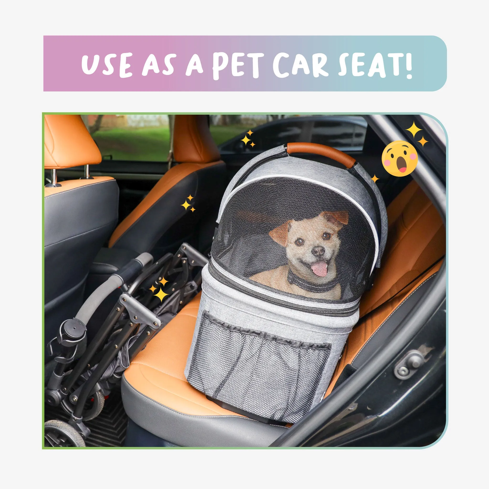 3-in-1 Travel Tri-Fold Pet Stroller: Detachable Carrier, Car Seat, Patented Pee Pad Insert, Lightweight, Collapsible, Pump-Free Wheels, Storage, Ventilation, Dual Wheel Brake, for Dogs, Cats, Small Animals, Supports up to 55 LBS