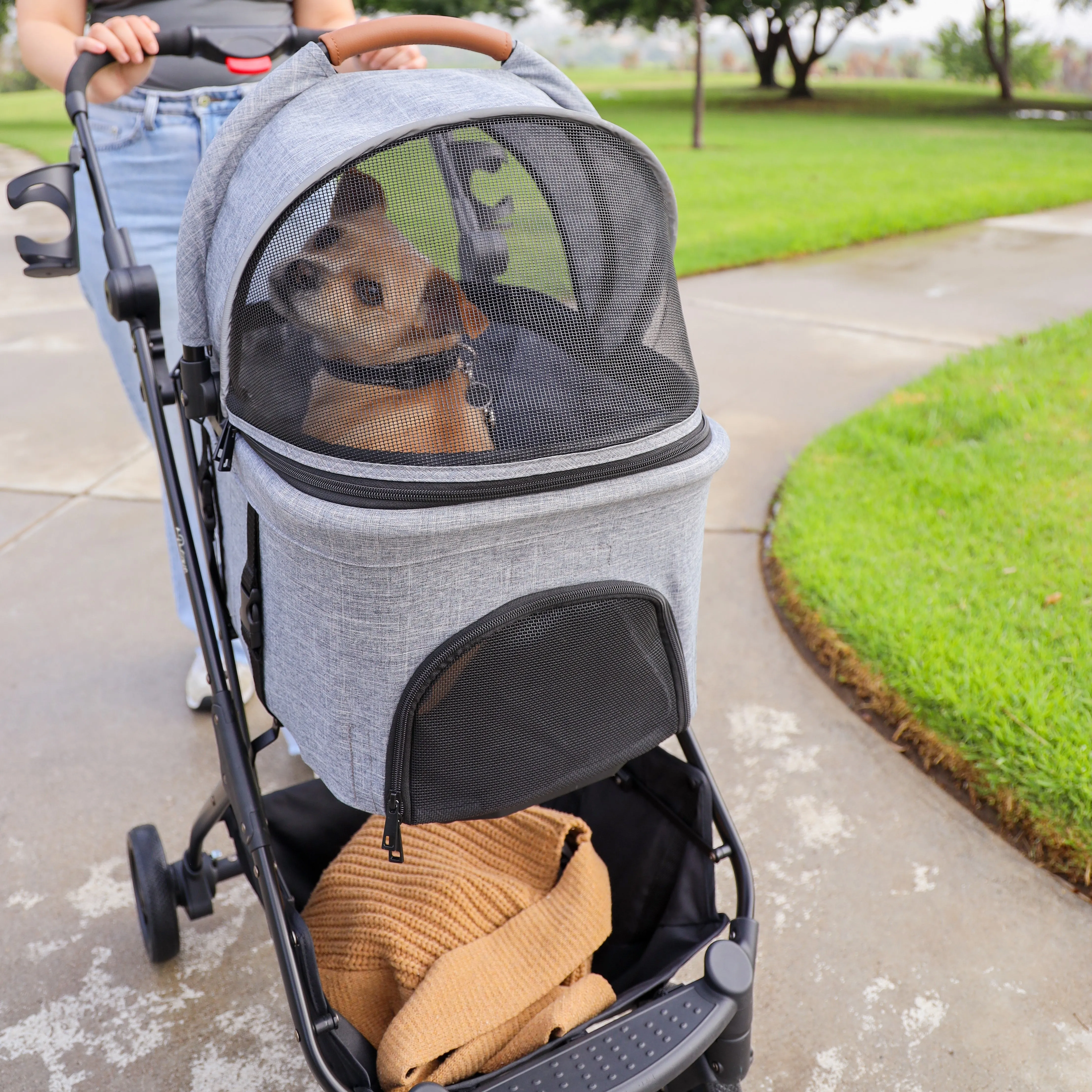 3-in-1 Travel Tri-Fold Pet Stroller: Detachable Carrier, Car Seat, Patented Pee Pad Insert, Lightweight, Collapsible, Pump-Free Wheels, Storage, Ventilation, Dual Wheel Brake, for Dogs, Cats, Small Animals, Supports up to 55 LBS