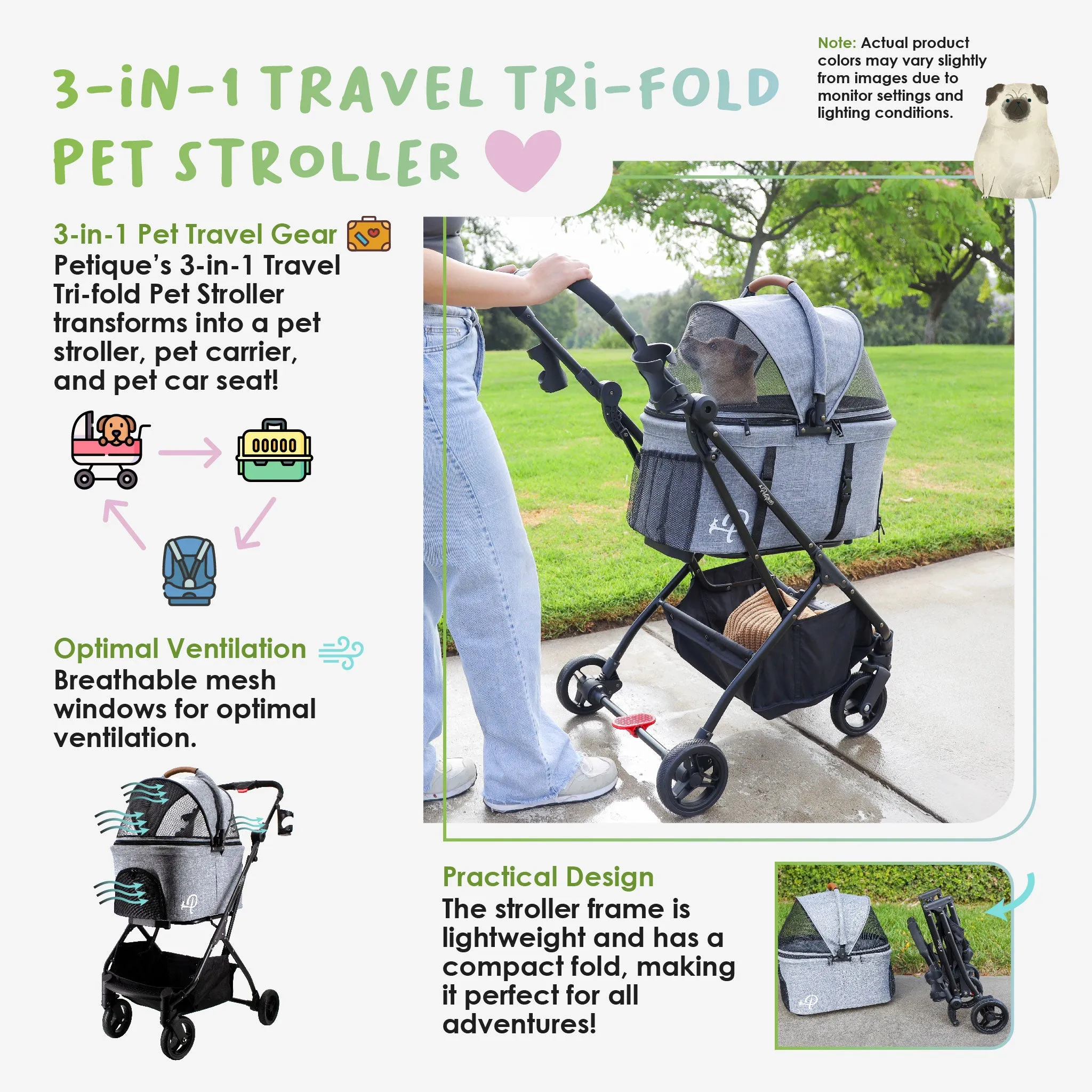 3-in-1 Travel Tri-Fold Pet Stroller: Detachable Carrier, Car Seat, Patented Pee Pad Insert, Lightweight, Collapsible, Pump-Free Wheels, Storage, Ventilation, Dual Wheel Brake, for Dogs, Cats, Small Animals, Supports up to 55 LBS