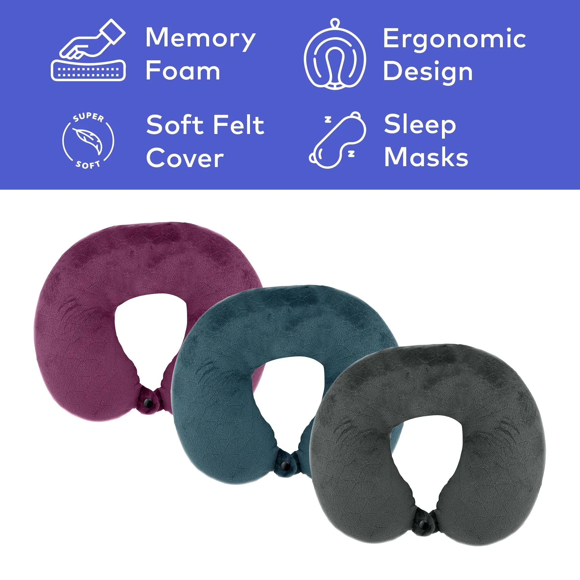 3 Memory Foam Travel Pillows with Sleep Masks by Pursonic by Pursonic