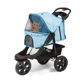 3-Wheel Folding Dog Stroller Pet Travel Carrier with Cup Holder and Storage Basket, Blue