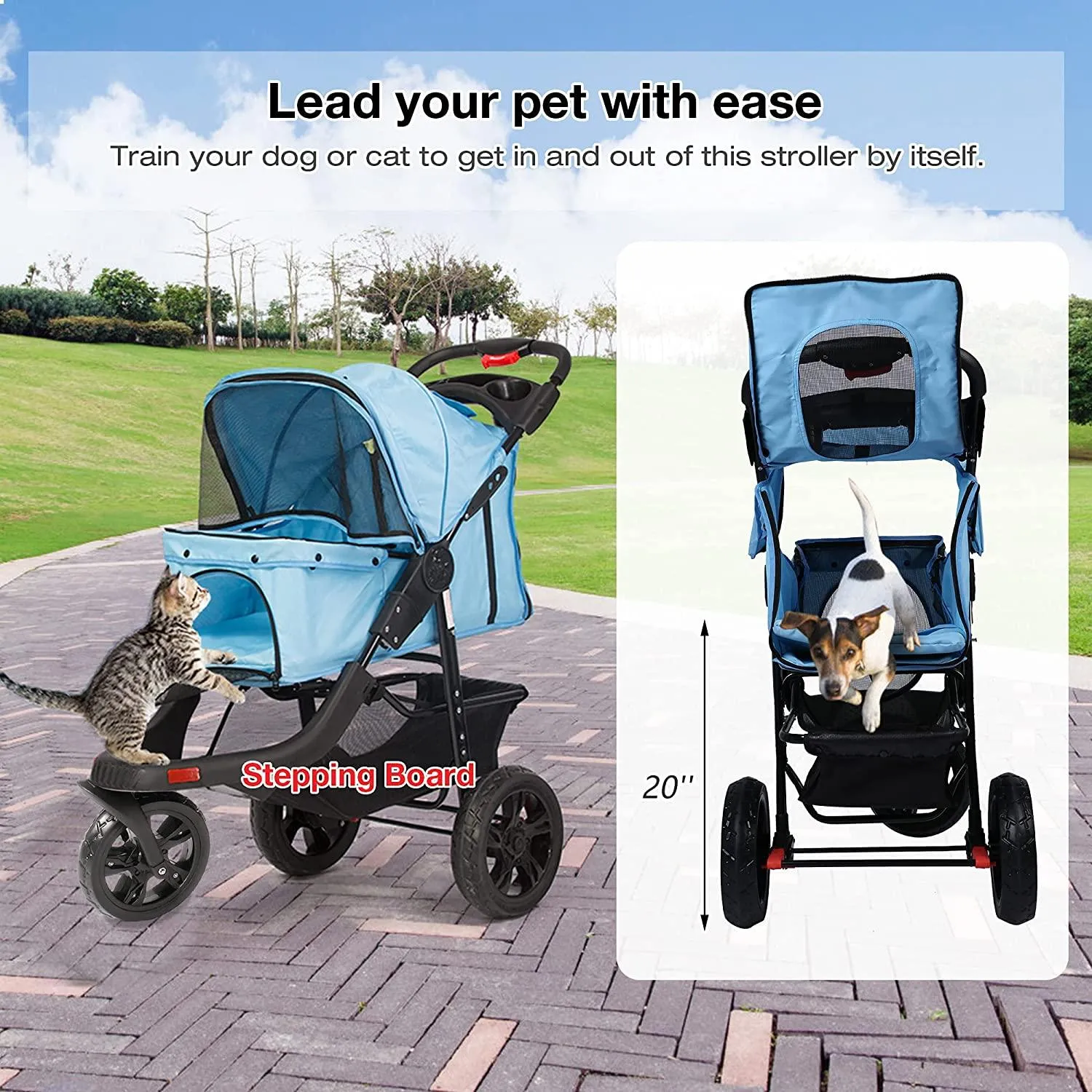 3-Wheel Folding Dog Stroller Pet Travel Carrier with Cup Holder and Storage Basket, Blue