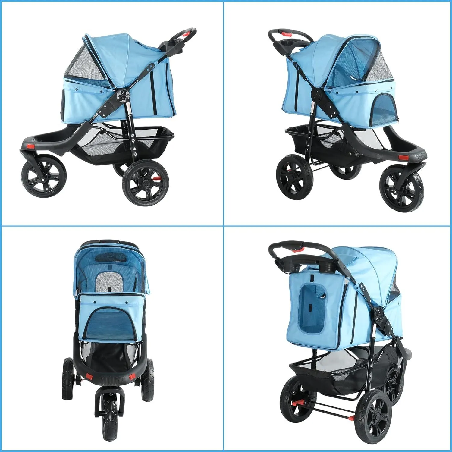 3-Wheel Folding Dog Stroller Pet Travel Carrier with Cup Holder and Storage Basket, Blue