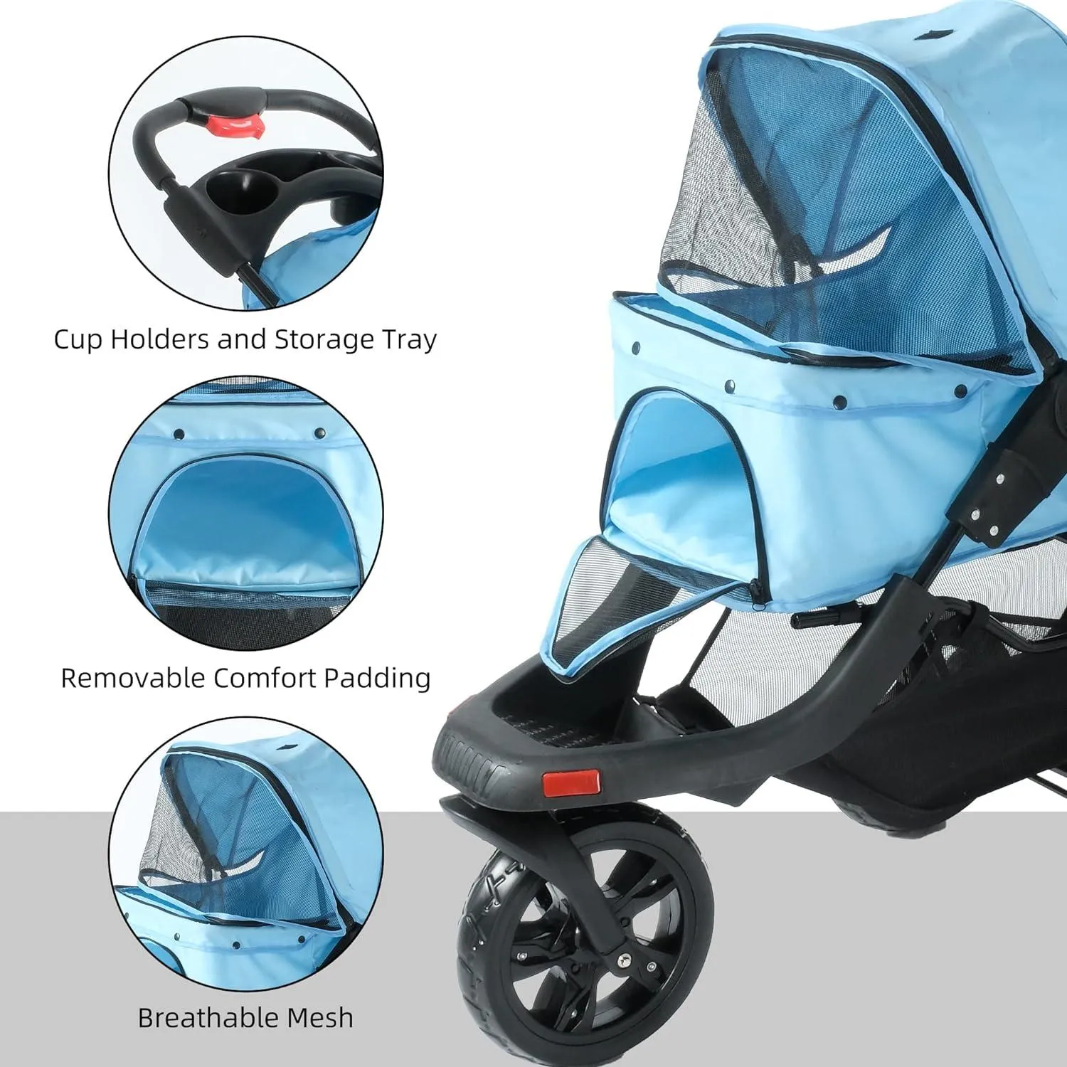 3-Wheel Folding Dog Stroller Pet Travel Carrier with Cup Holder and Storage Basket, Blue