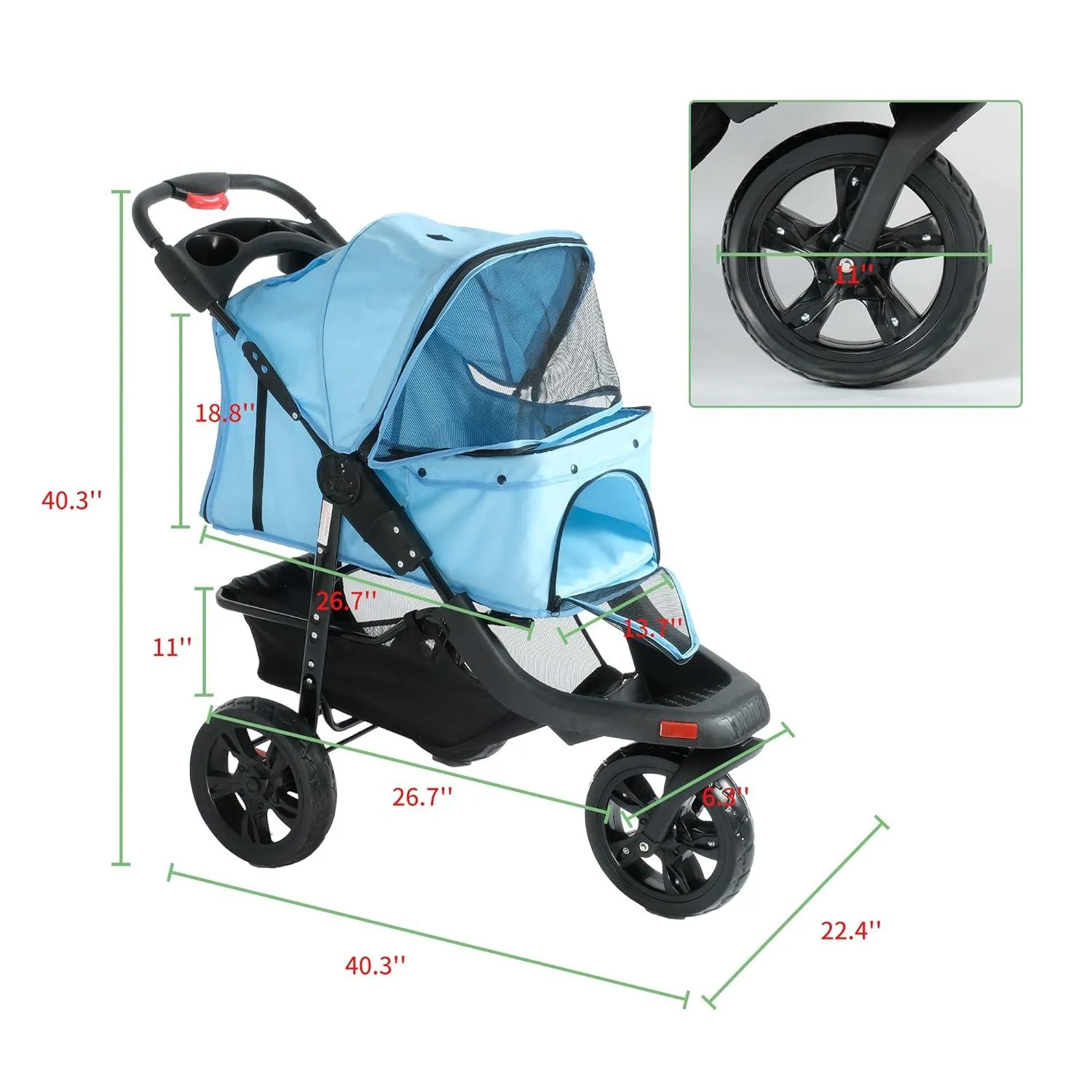 3-Wheel Folding Dog Stroller Pet Travel Carrier with Cup Holder and Storage Basket, Blue