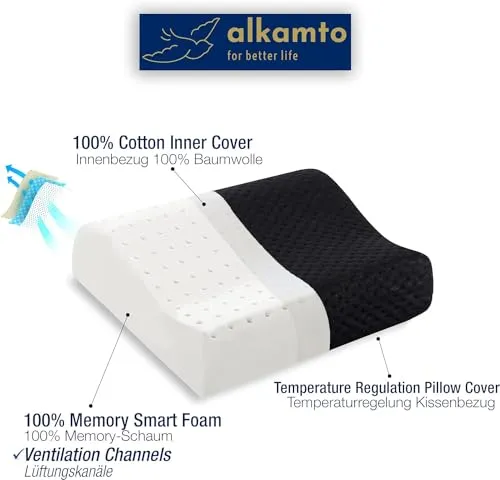 alkamto Travel & Camping Comfortable Memory Foam Pillow – Easy to Carry Portable Bag – Temperature Regulating Pillow Case (Black)