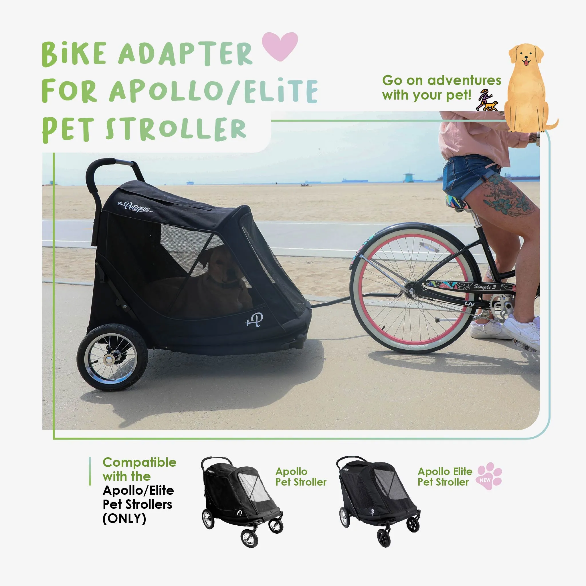 Apollo/Elite Pet Stroller Bike Adapter: Attaches Securely, Adjustable Distance, Durable Clasp, Portable, Lightweight, Sturdy, Durable, COMPATIBLE WITH PETIQUE APOLLO/ELITE PET STROLLER ONLY