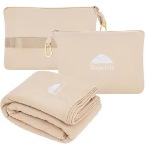 BlueHills Travel Blanket Pillow Compact Lightweight Pocket Size Airplane Traveling Essential Flight Trip Throw in Bag Portable Case Plane Accessory Beige L06