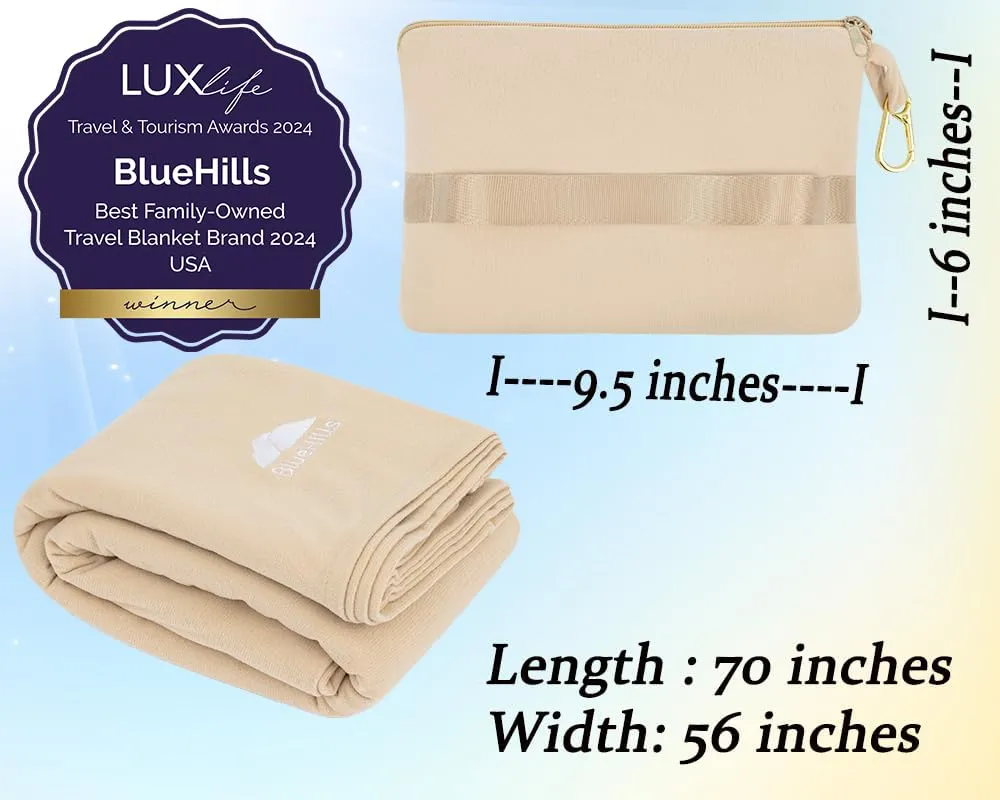 BlueHills Travel Blanket Pillow Compact Lightweight Pocket Size Airplane Traveling Essential Flight Trip Throw in Bag Portable Case Plane Accessory Beige L06