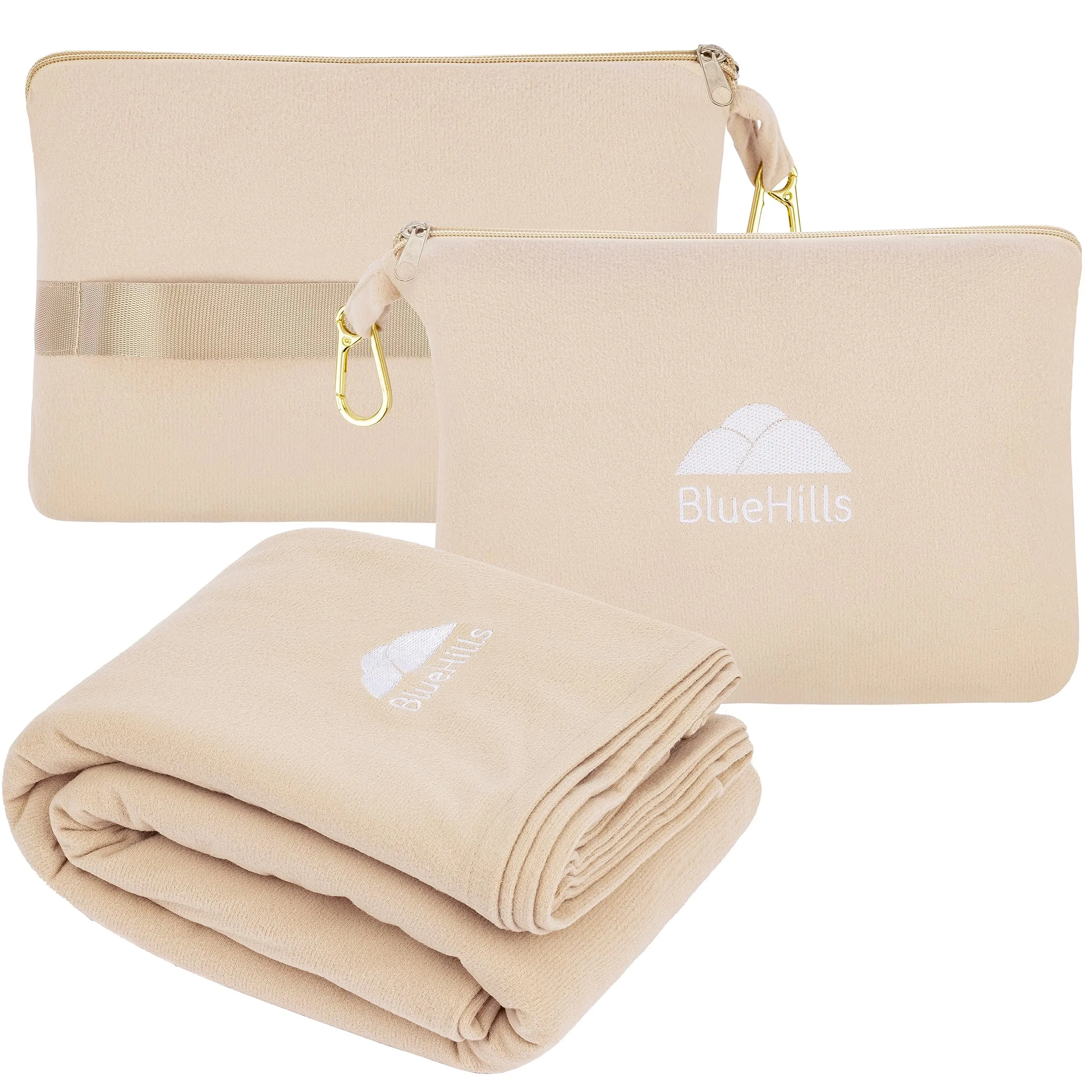 BlueHills Travel Blanket Pillow Compact Lightweight Pocket Size Airplane Traveling Essential Flight Trip Throw in Bag Portable Case Plane Accessory Beige L06