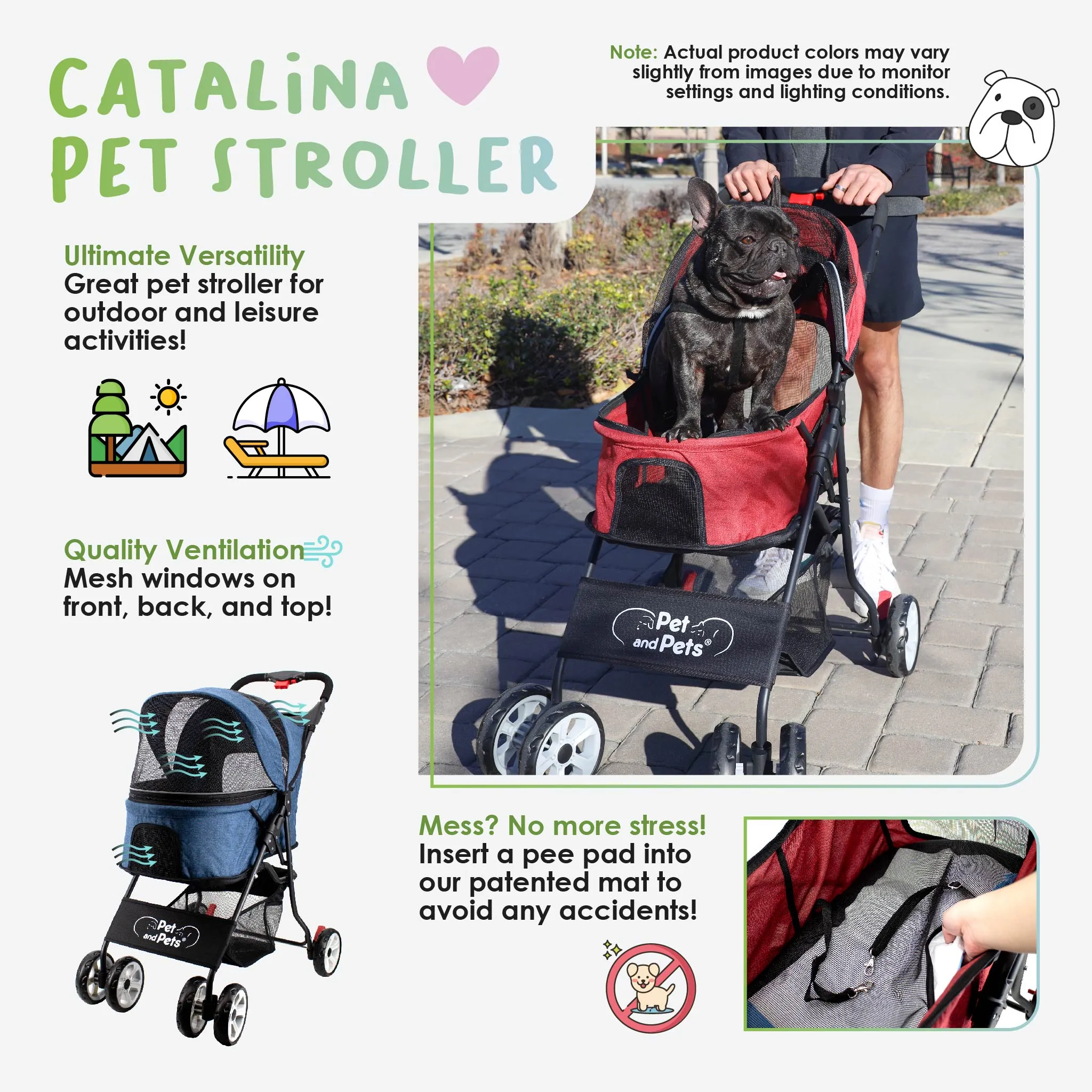 Catalina Pet Stroller: Durable, Lightweight, Compact Fold, Ventilation, Pee Pad Insert, Cup Holder, for Dogs/Cats/Pets up to 45LB