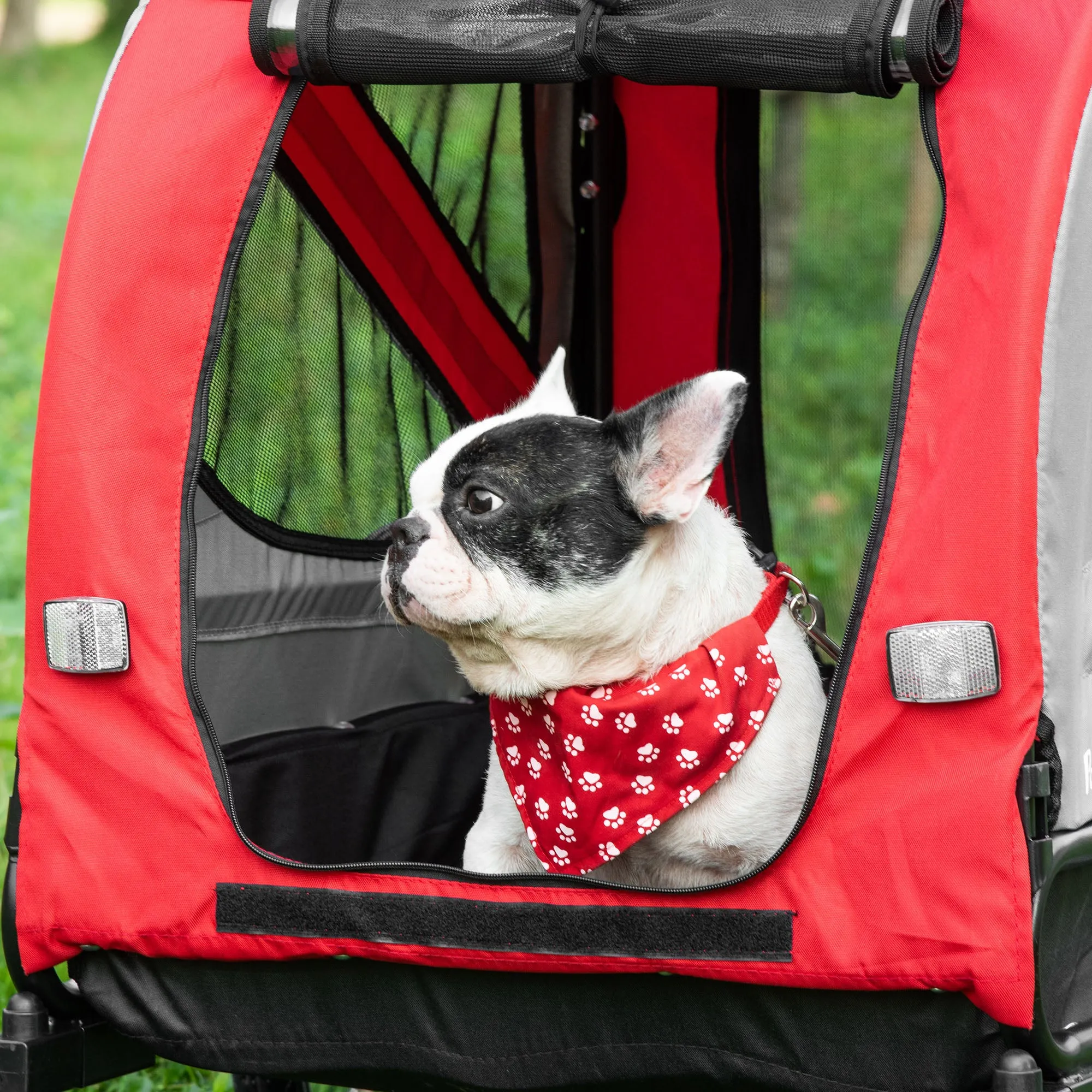 Dog Bike Trailer 2-in-1 Pet Stroller Cart Bicycle Carrier Attachment for Travel in steel frame with Universal Wheel Reflectors Flag Red