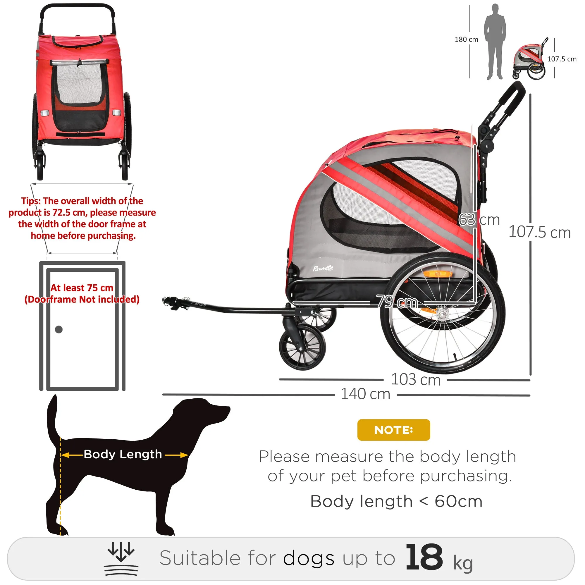 Dog Bike Trailer 2-in-1 Pet Stroller Cart Bicycle Carrier Attachment for Travel in steel frame with Universal Wheel Reflectors Flag Red