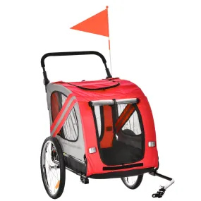 Dog Bike Trailer 2-in-1 Pet Stroller Cart Bicycle Carrier Attachment for Travel in steel frame with Universal Wheel Reflectors Flag Red