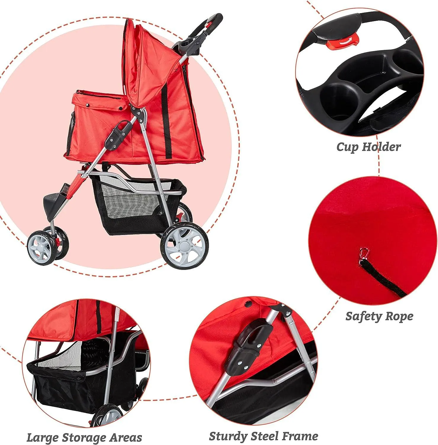 Dog Pet Jogger Stroller Folding Travel Carrier Cart for Small Cat Puppy, 3 Wheels