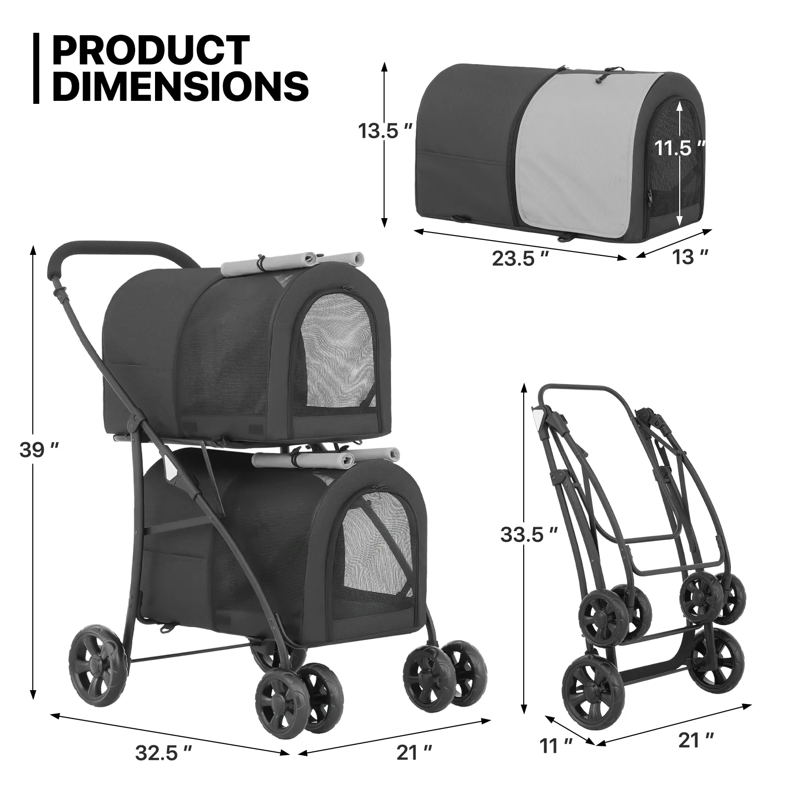 Double Detachable Basket Pet Stroller - 32.5*21*39 inch - 4 Wheels