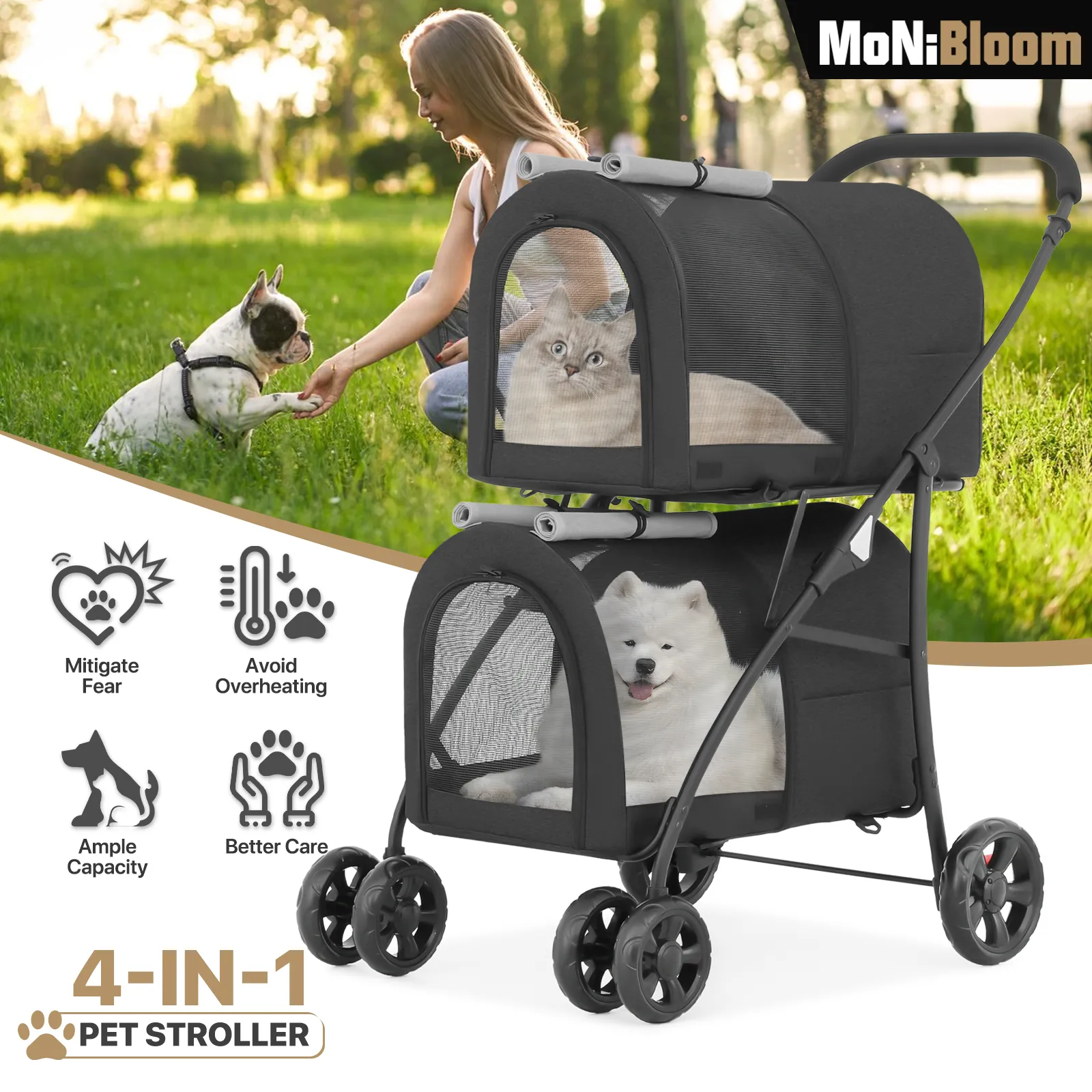 Double Detachable Basket Pet Stroller - 32.5*21*39 inch - 4 Wheels