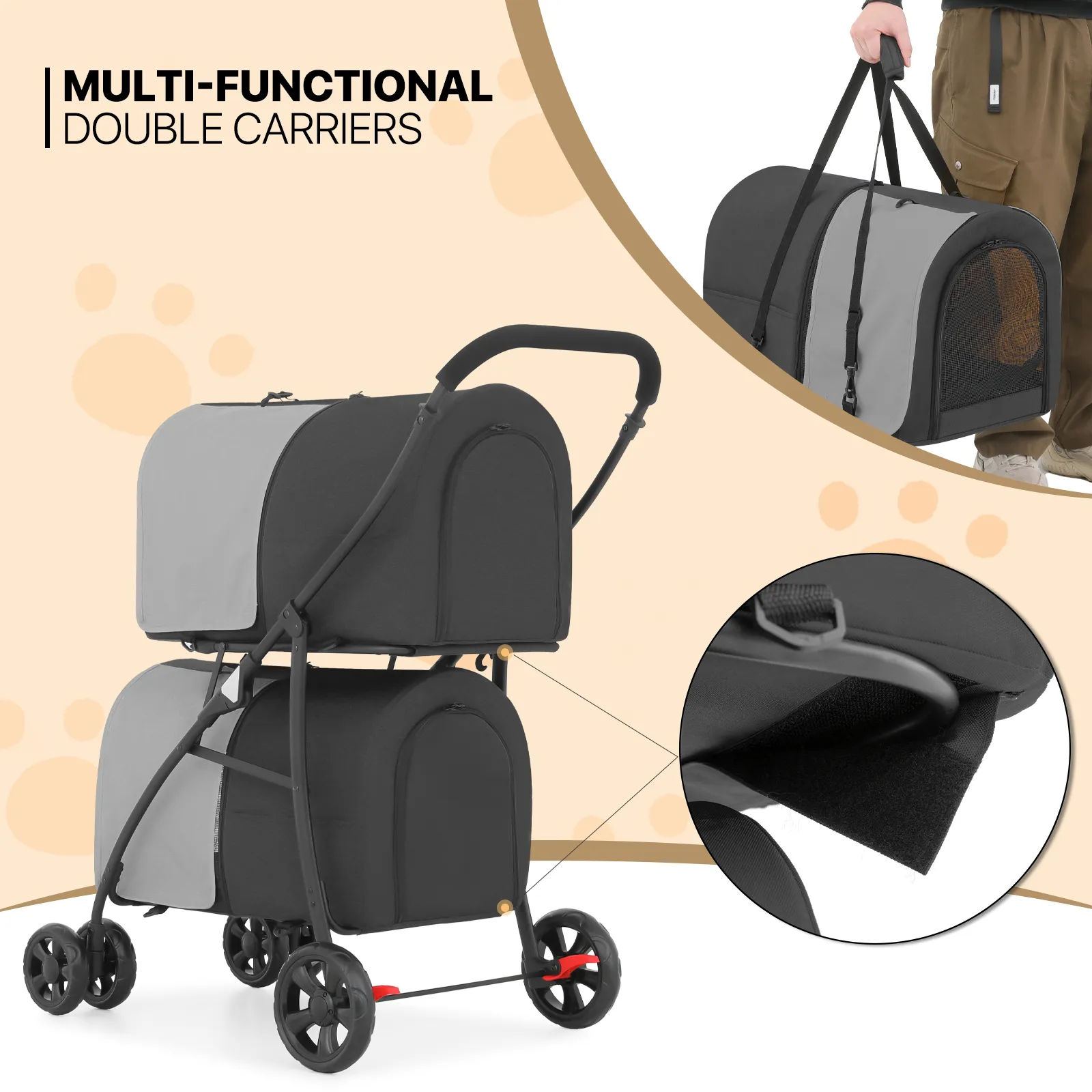 Double Detachable Basket Pet Stroller - 32.5*21*39 inch - 4 Wheels