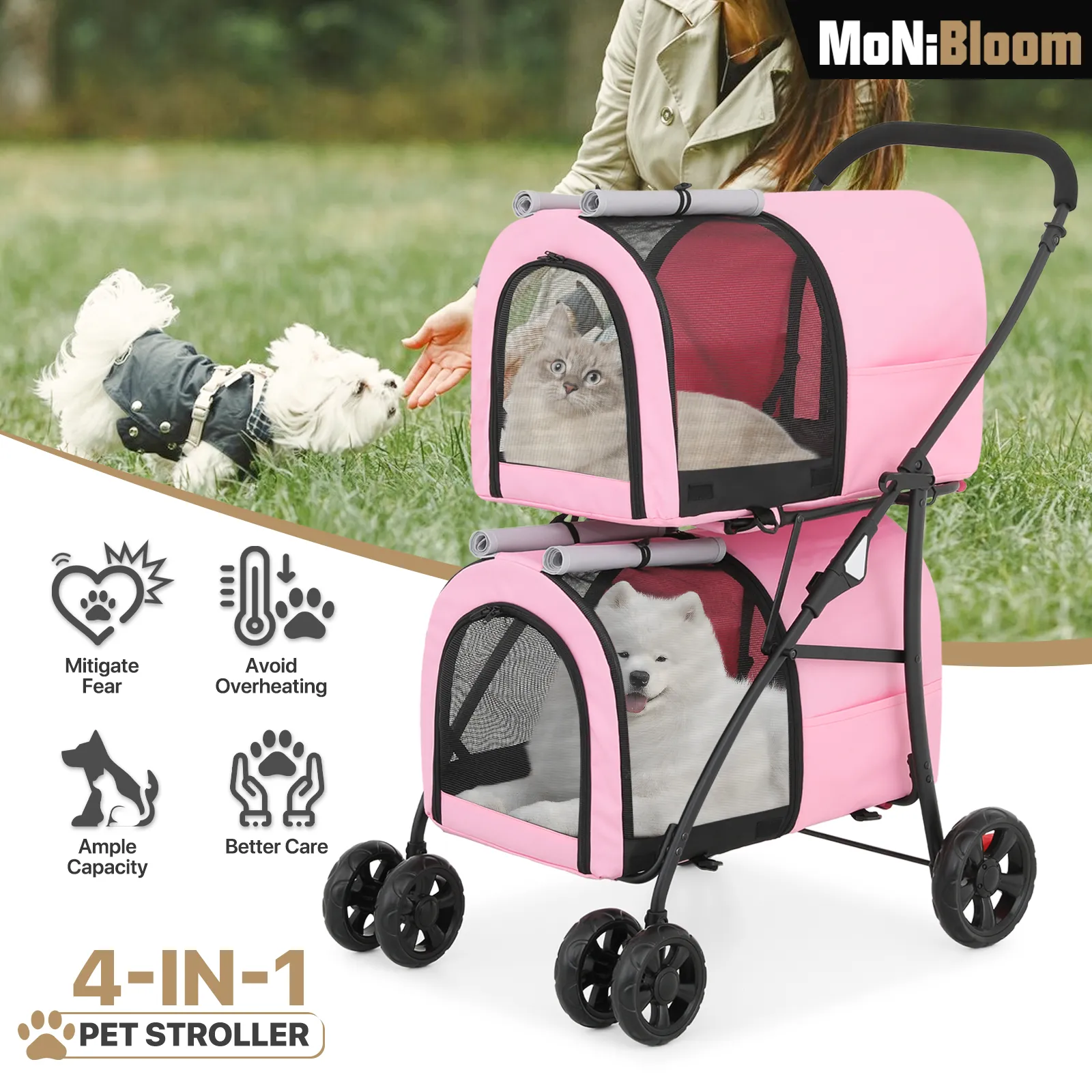 Double Detachable Basket Pet Stroller - 32.5*21*39 inch - 4 Wheels