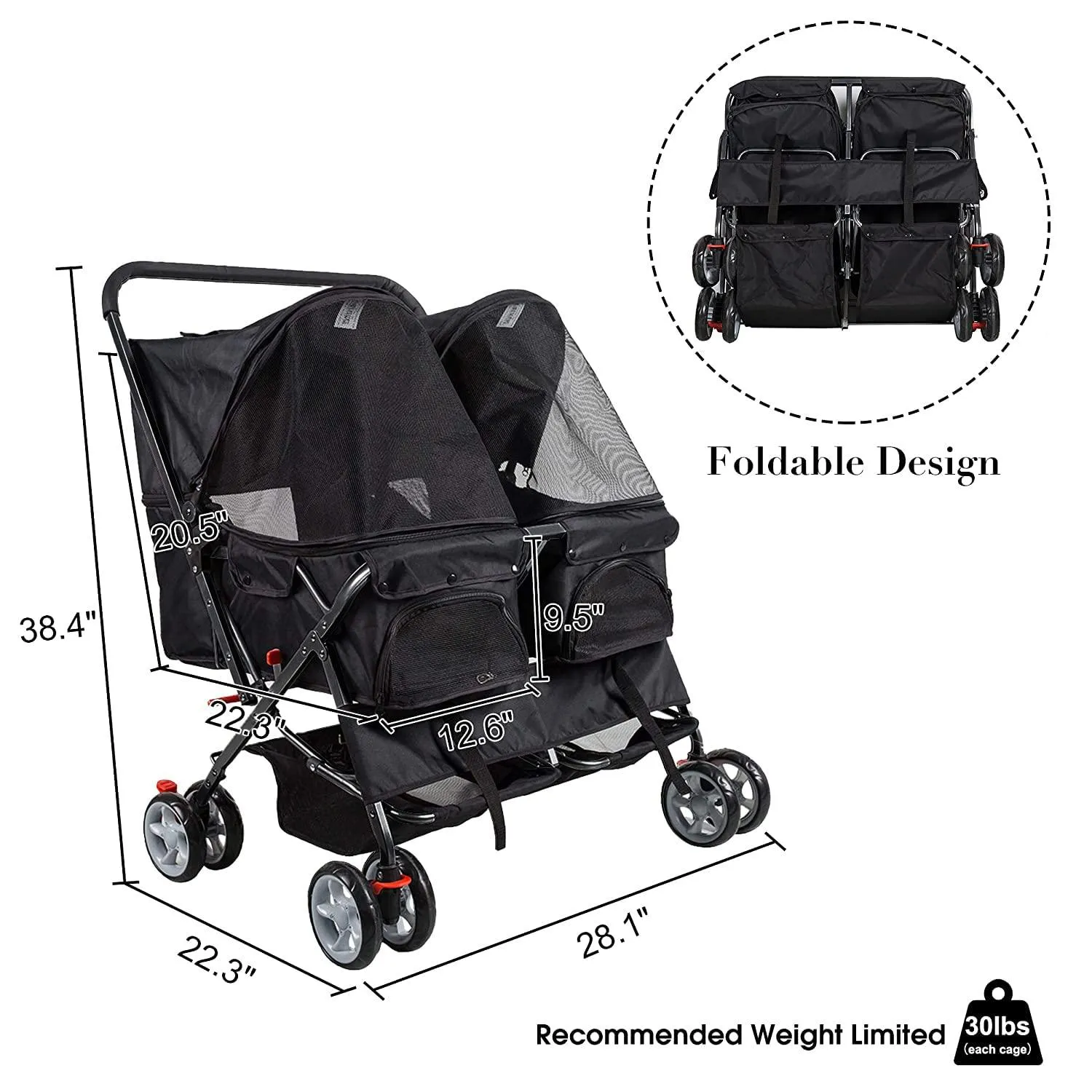 Double Seater Folding Dog Cat Pet Stroller Travel Carrier Jogger Stroller, Black