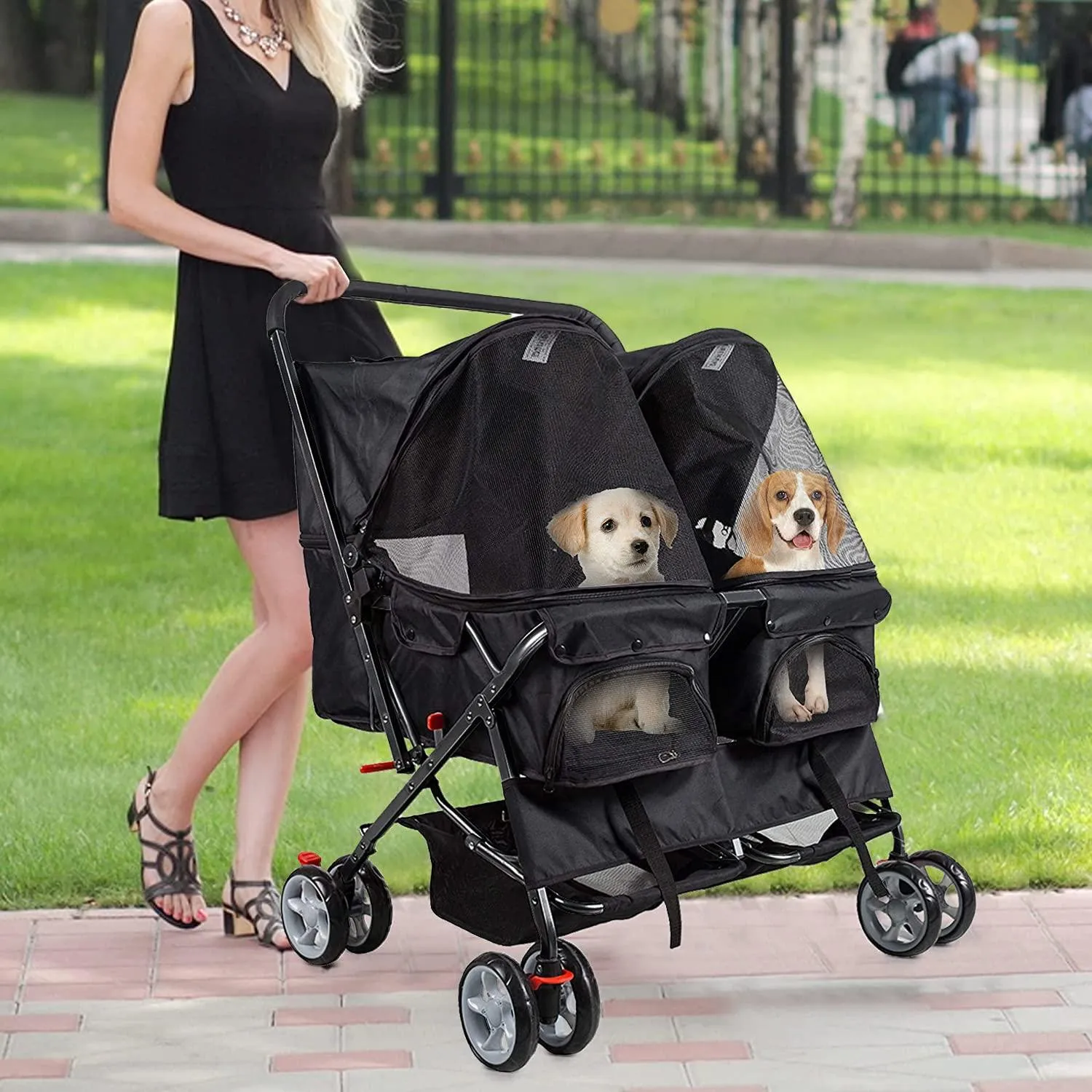 Double Seater Folding Dog Cat Pet Stroller Travel Carrier Jogger Stroller, Black