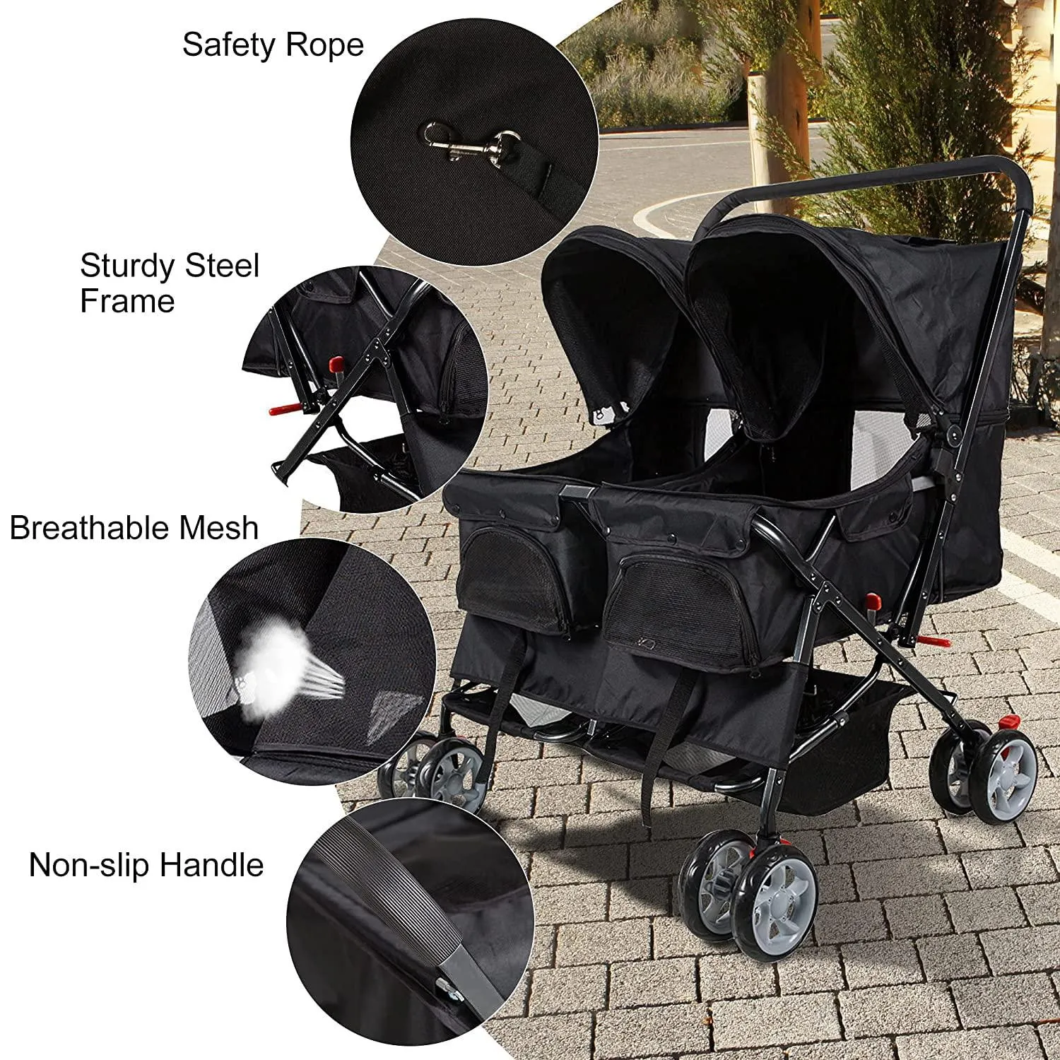 Double Seater Folding Dog Cat Pet Stroller Travel Carrier Jogger Stroller, Black