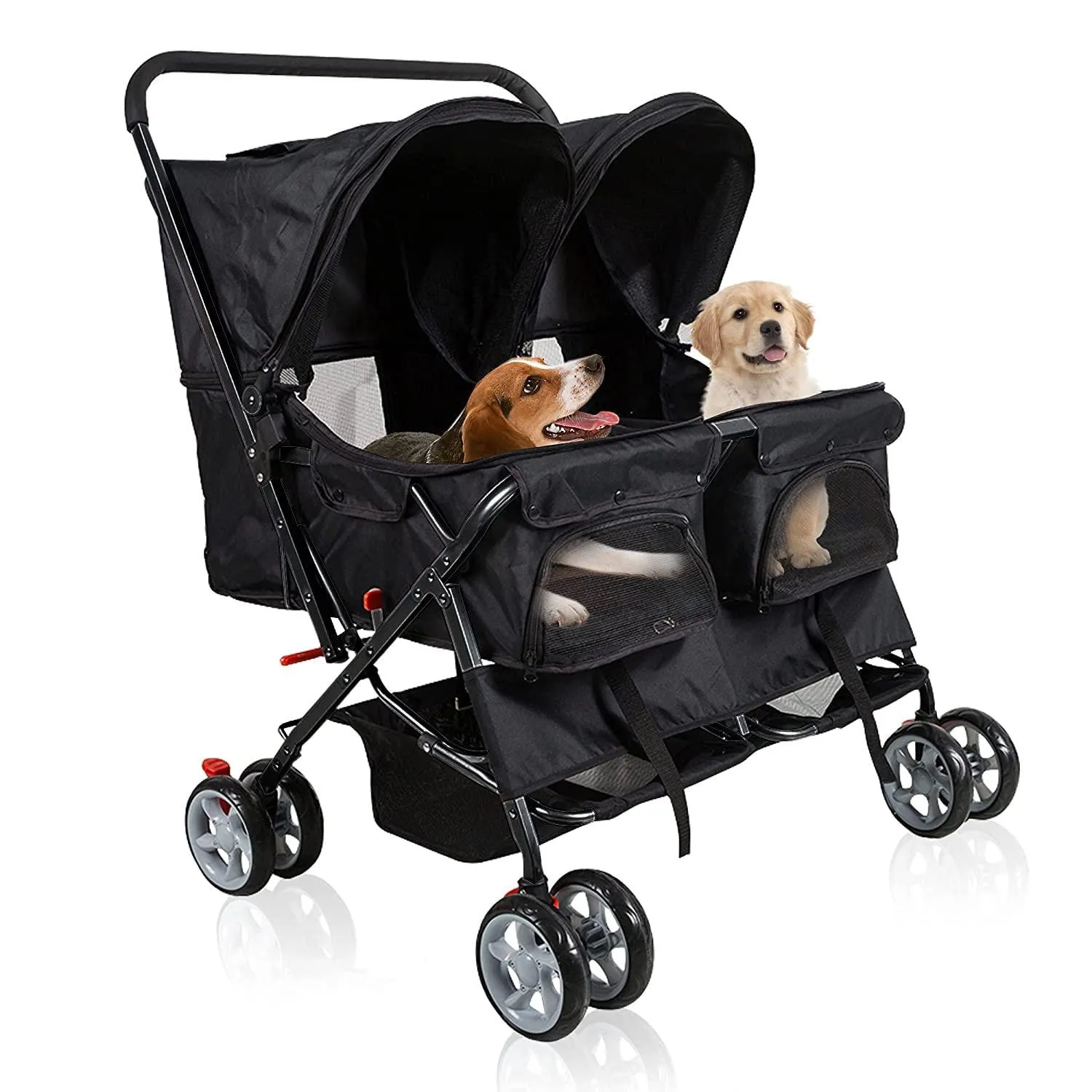 Double Seater Folding Dog Cat Pet Stroller Travel Carrier Jogger Stroller, Black