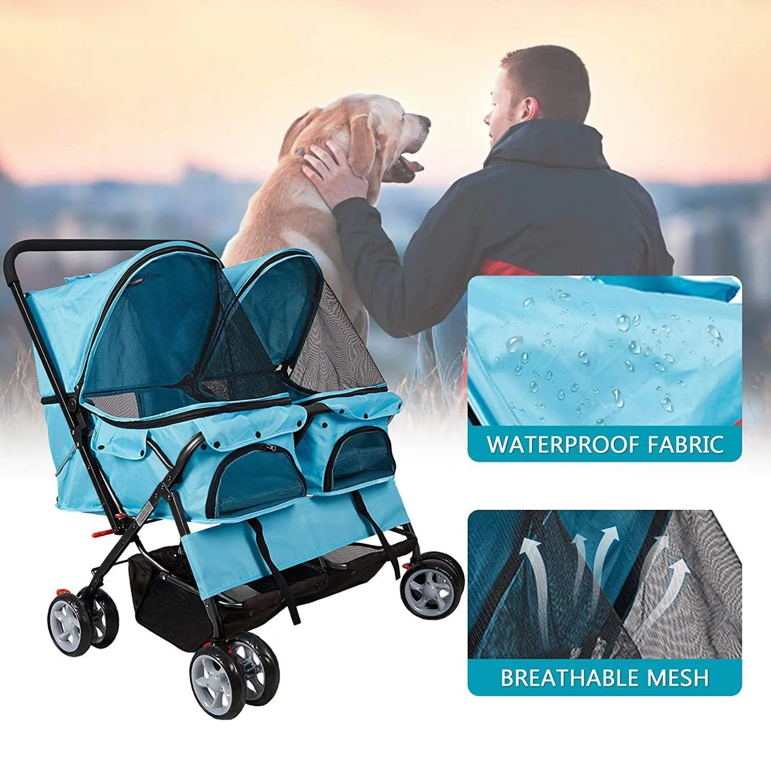 Double Seater Folding Dog Cat Pet Stroller Travel Carrier Jogger Stroller, Blue