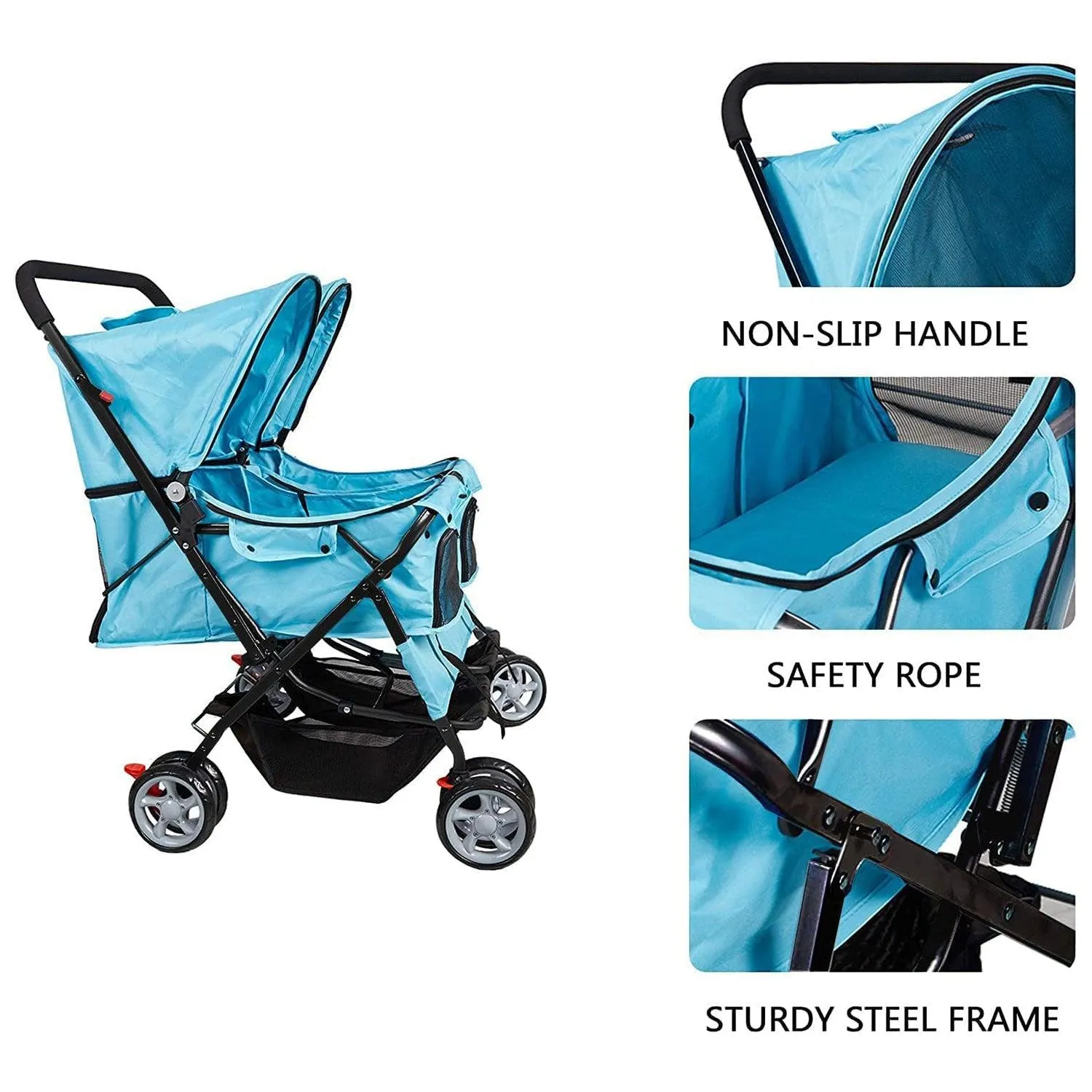 Double Seater Folding Dog Cat Pet Stroller Travel Carrier Jogger Stroller, Blue