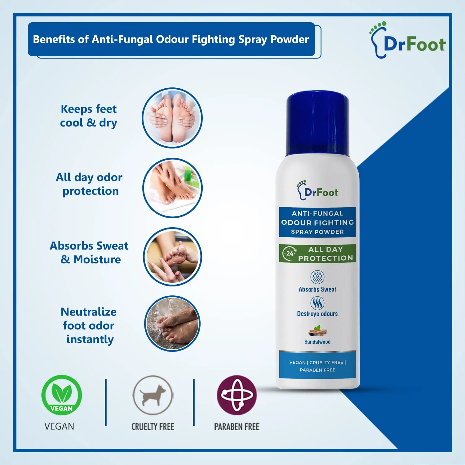 Dr Foot Anti-Fungal Odour Fighting Spray Powder with Neem Powder, Menthol Oil & Sandalwood | Ultimate Odour Neutralizer| Removes Bad Smell & Keep your foot Fresh and Dry – 130ml / 80gm (Pack of 10)