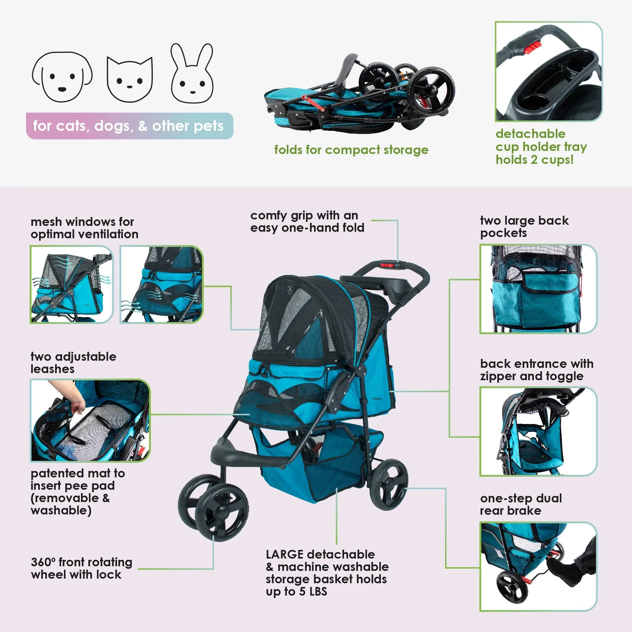 Durable Pet Stroller, Easy Fold, Quality mesh windows, Large Storage Basket, Secure Cup Holder Tray, for Small to Medium Dog, Cat, Bunny, Supports pets up to 55LBS