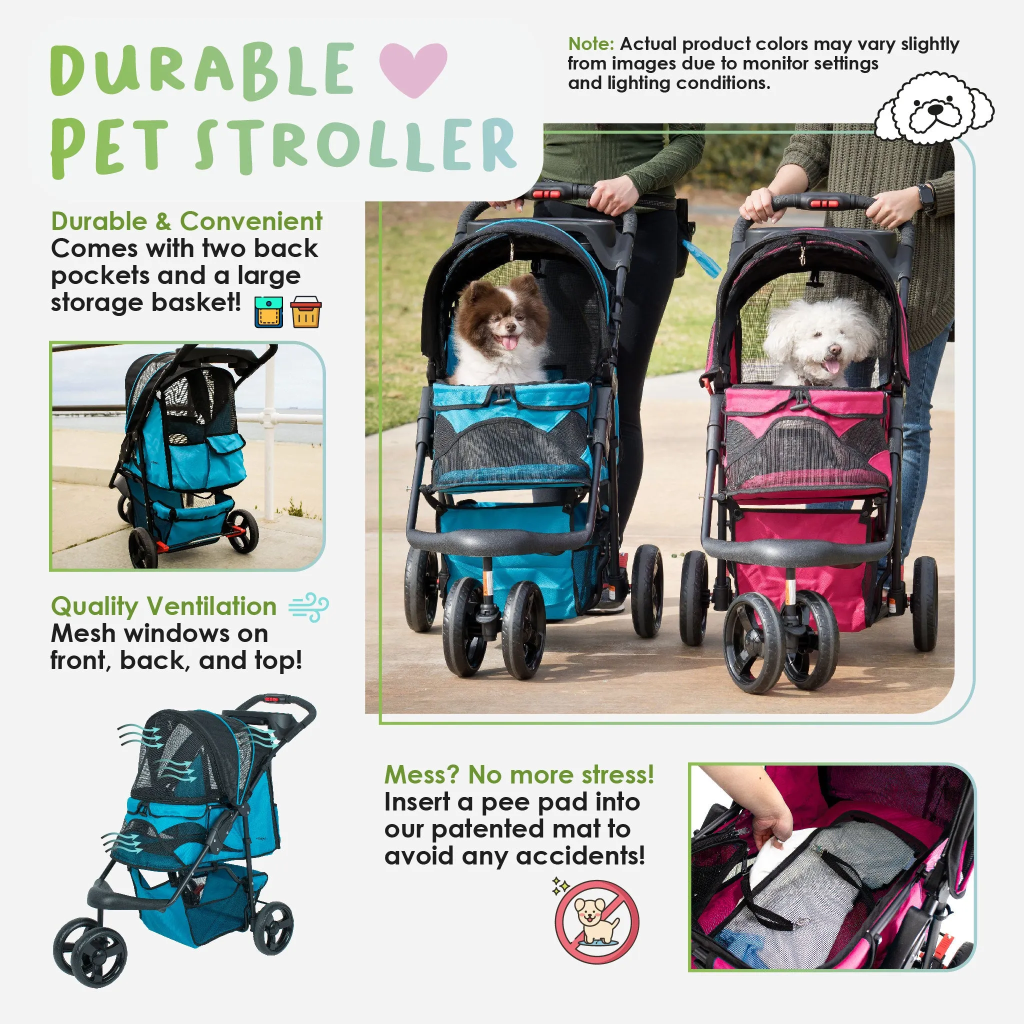 Durable Pet Stroller, Easy Fold, Quality mesh windows, Large Storage Basket, Secure Cup Holder Tray, for Small to Medium Dog, Cat, Bunny, Supports pets up to 55LBS