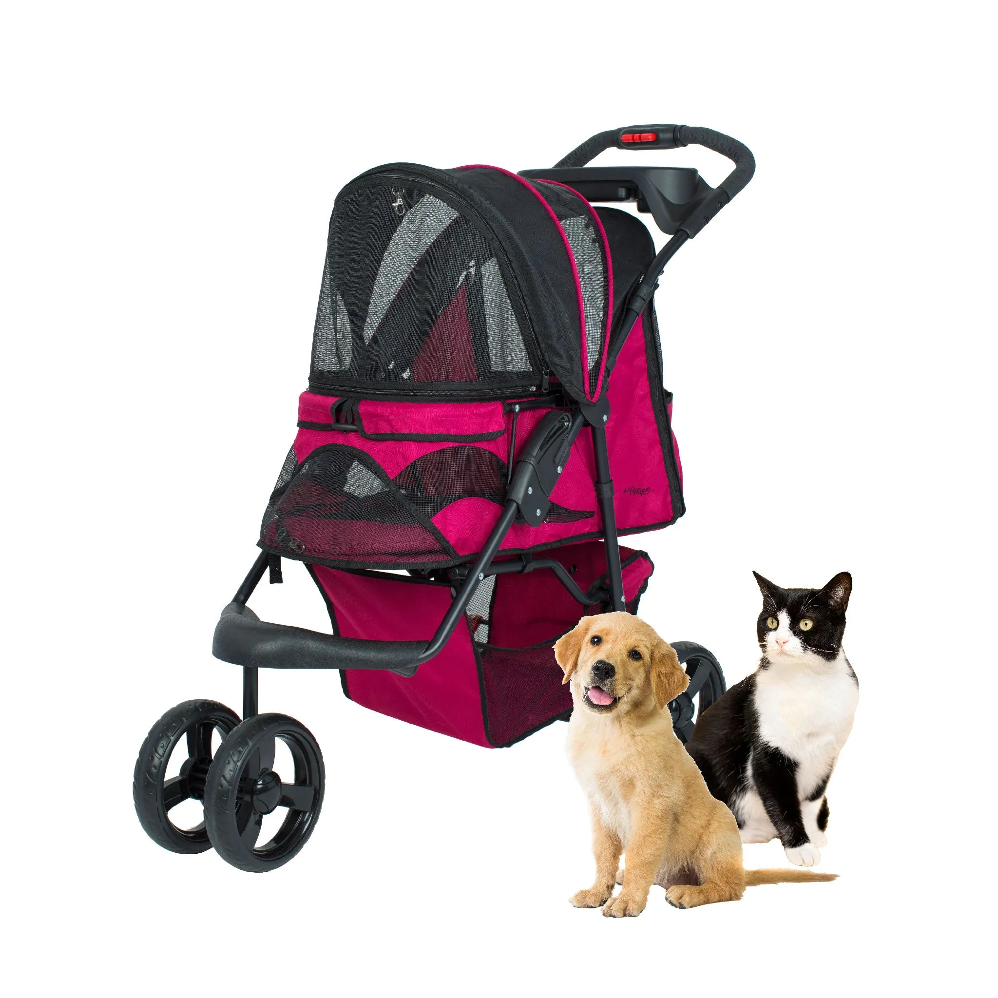 Durable Pet Stroller, Easy Fold, Quality mesh windows, Large Storage Basket, Secure Cup Holder Tray, for Small to Medium Dog, Cat, Bunny, Supports pets up to 55LBS