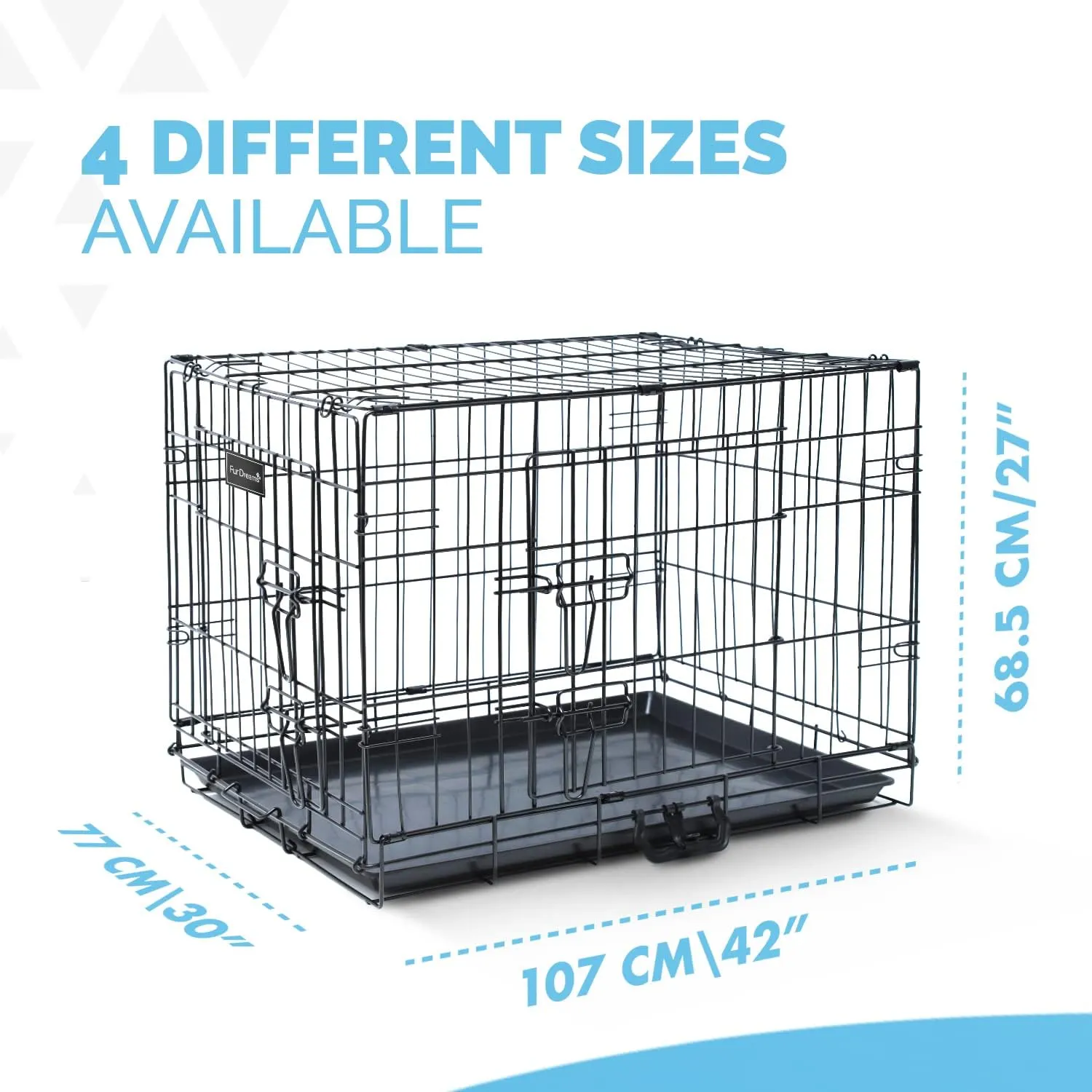 FurDreams Heavy Duty Dog Crate – Black Metal Folding Cage with Dual Doors, Chew-Resistant Plastic Tray, and Carry Handle – Perfect for Puppy Training