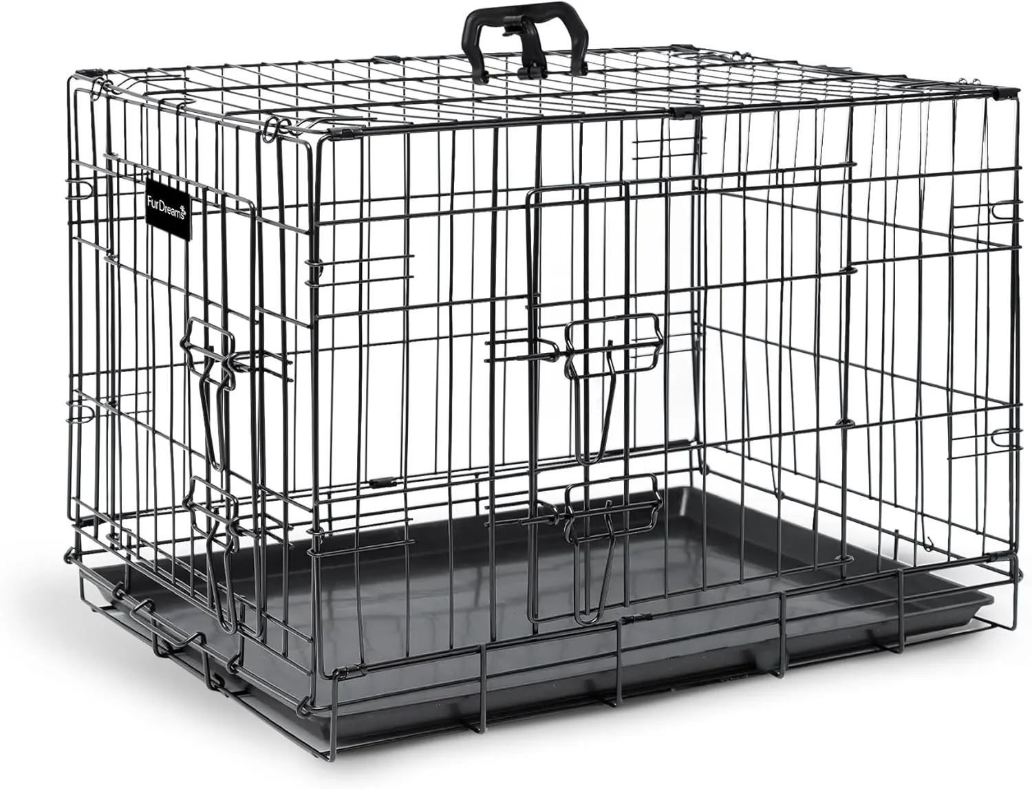 FurDreams Heavy Duty Dog Crate – Black Metal Folding Cage with Dual Doors, Chew-Resistant Plastic Tray, and Carry Handle – Perfect for Puppy Training