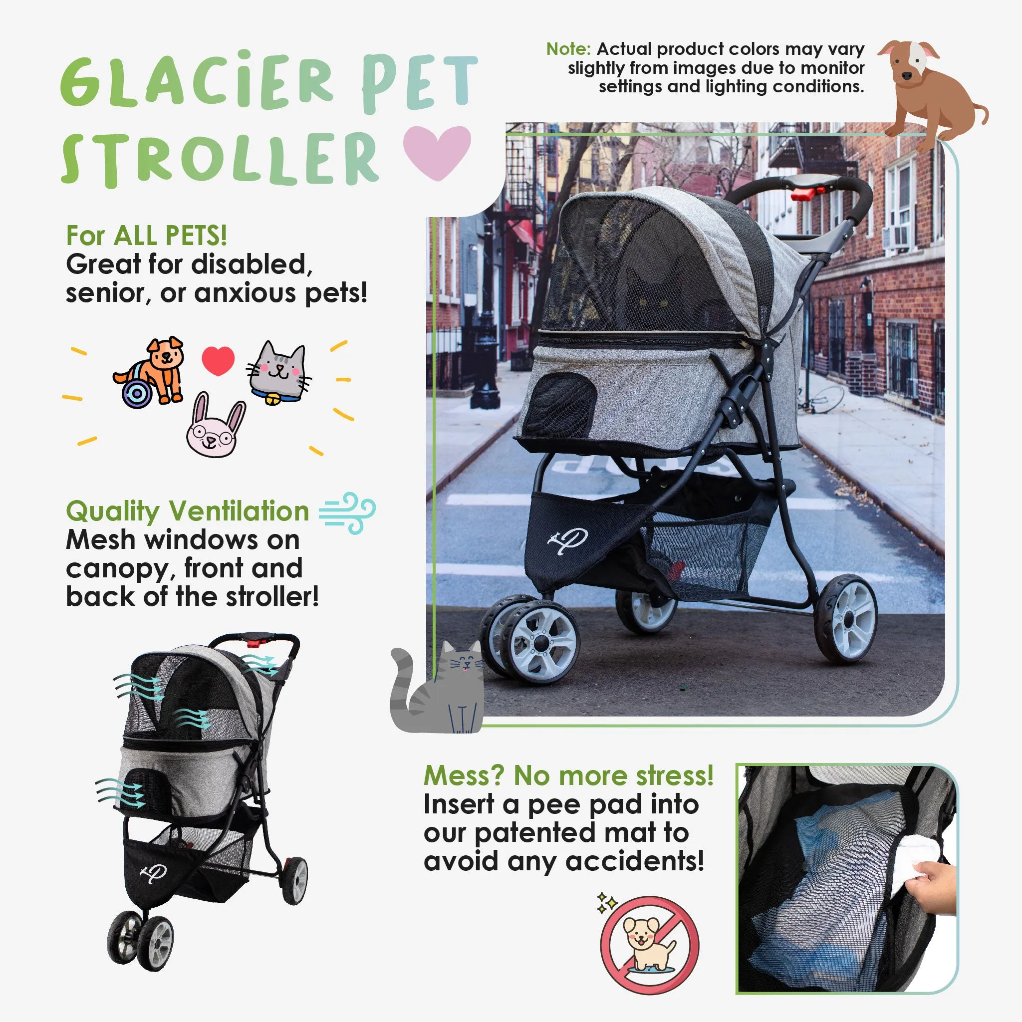 Glacier Pet Stroller - Gray, Lightweight, Compact, Easy One-Hand Fold, Ventilation, Durable for Dogs/Cats/Pets, Supports up to 45LBS