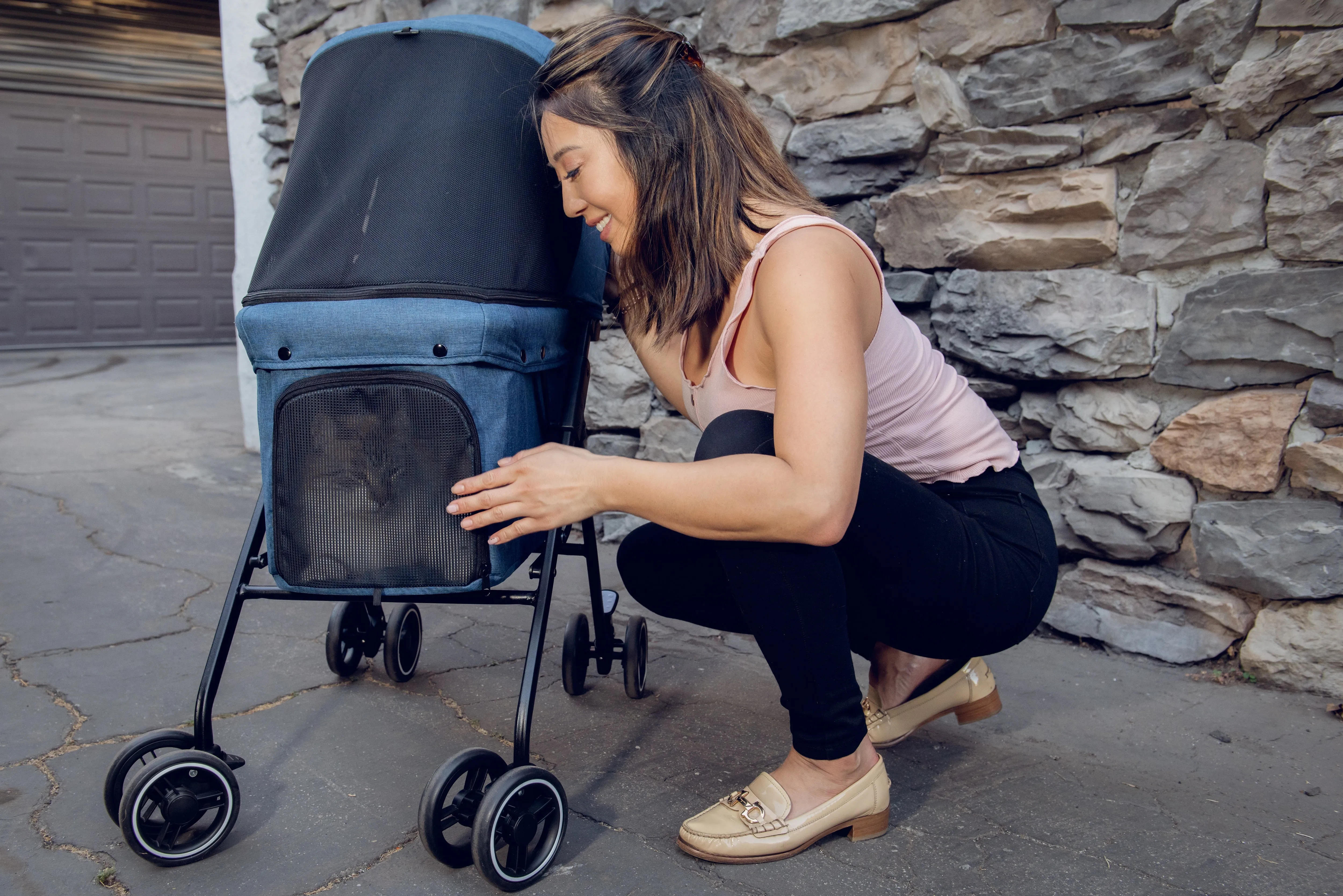 Malibu Pet Stroller Velcro Secured Back for Wagon/Cart Vibe, Lightweight, Easy Fold, Ventilation, Pee Pad Insert, Adjustable Leashes, Rear Brakes, 360° Rotating Front Wheels, Comfortable Handle, For Dogs, Cats, Small Animals, Support up to 45 LBS