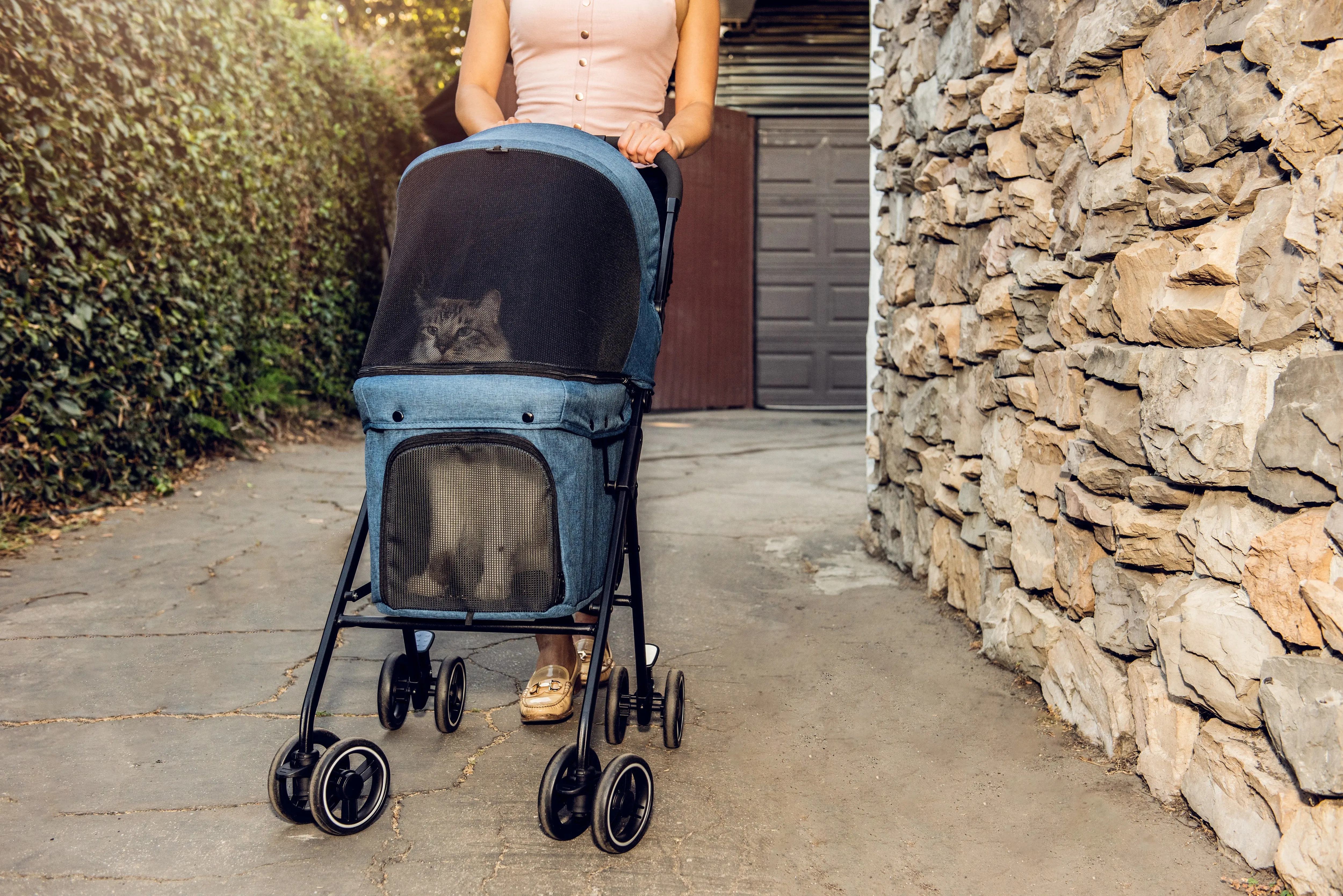 Malibu Pet Stroller Velcro Secured Back for Wagon/Cart Vibe, Lightweight, Easy Fold, Ventilation, Pee Pad Insert, Adjustable Leashes, Rear Brakes, 360° Rotating Front Wheels, Comfortable Handle, For Dogs, Cats, Small Animals, Support up to 45 LBS