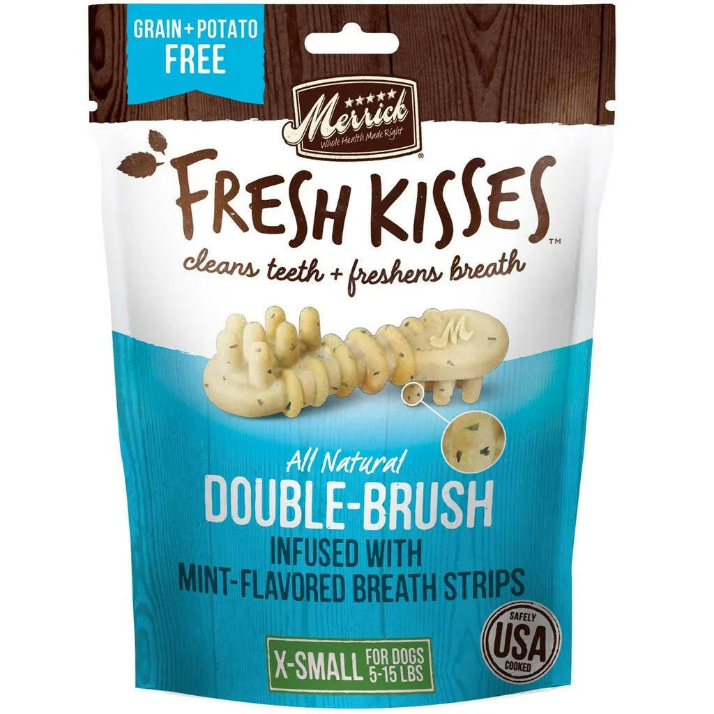 Merrick Fresh Kisses Double-Brush Mint Breath Strips Dental Dog Treats, Extra Small