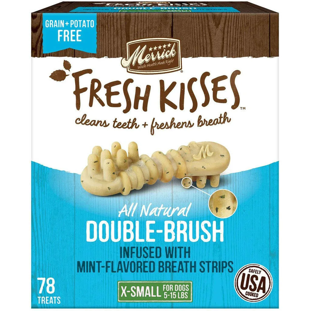 Merrick Fresh Kisses Double-Brush Mint Breath Strips Dental Dog Treats, Extra Small