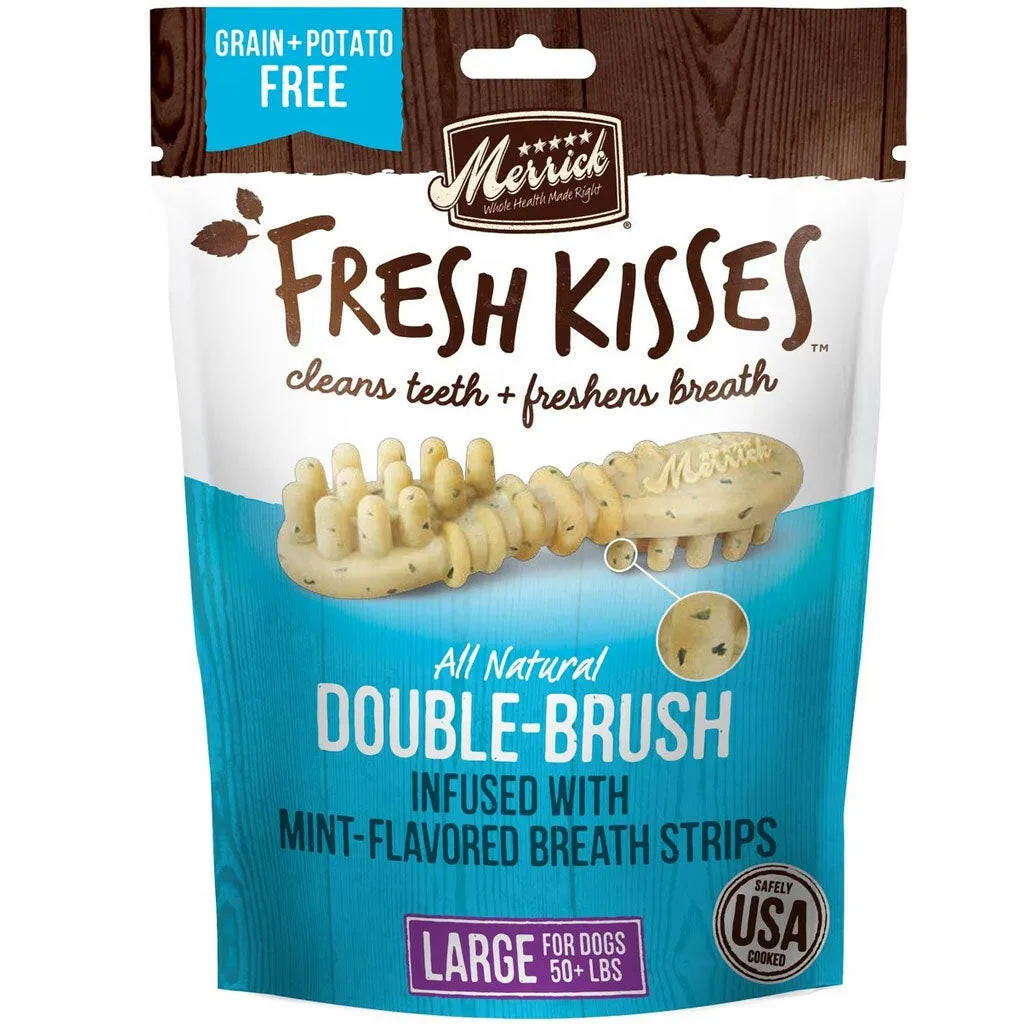 Merrick Fresh Kisses Double-Brush Mint Breath Strips Dental Dog Treats, Large