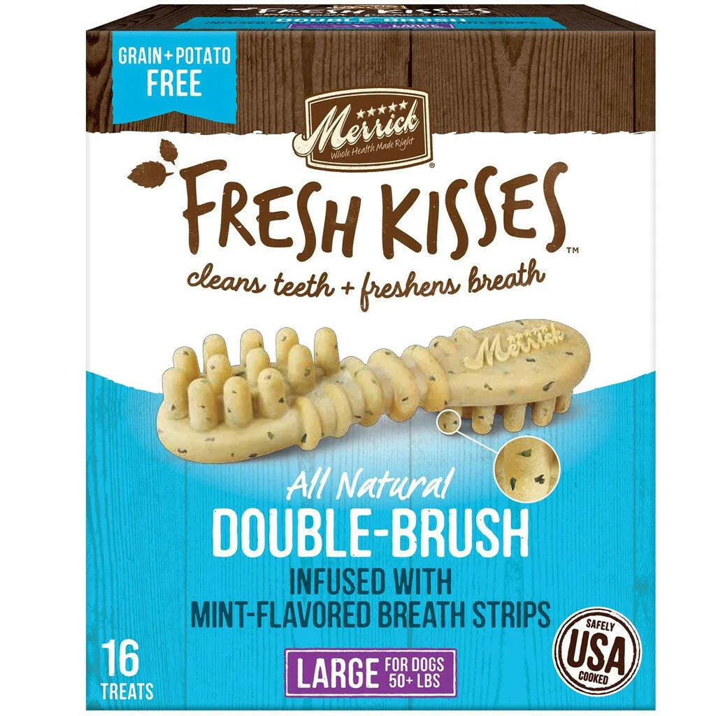 Merrick Fresh Kisses Double-Brush Mint Breath Strips Dental Dog Treats, Large