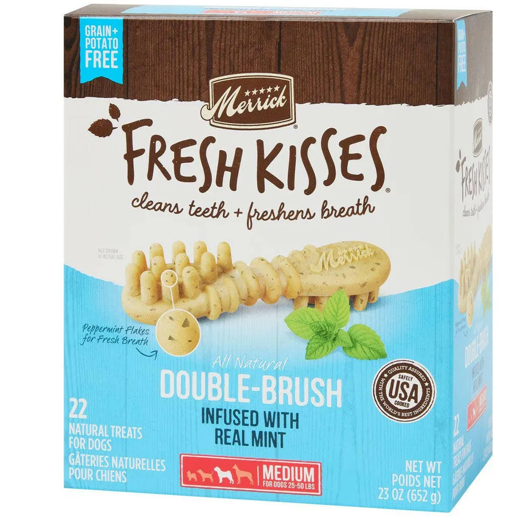 Merrick Fresh Kisses Double-Brush Mint Breath Strips Dental Dog Treats, Medium