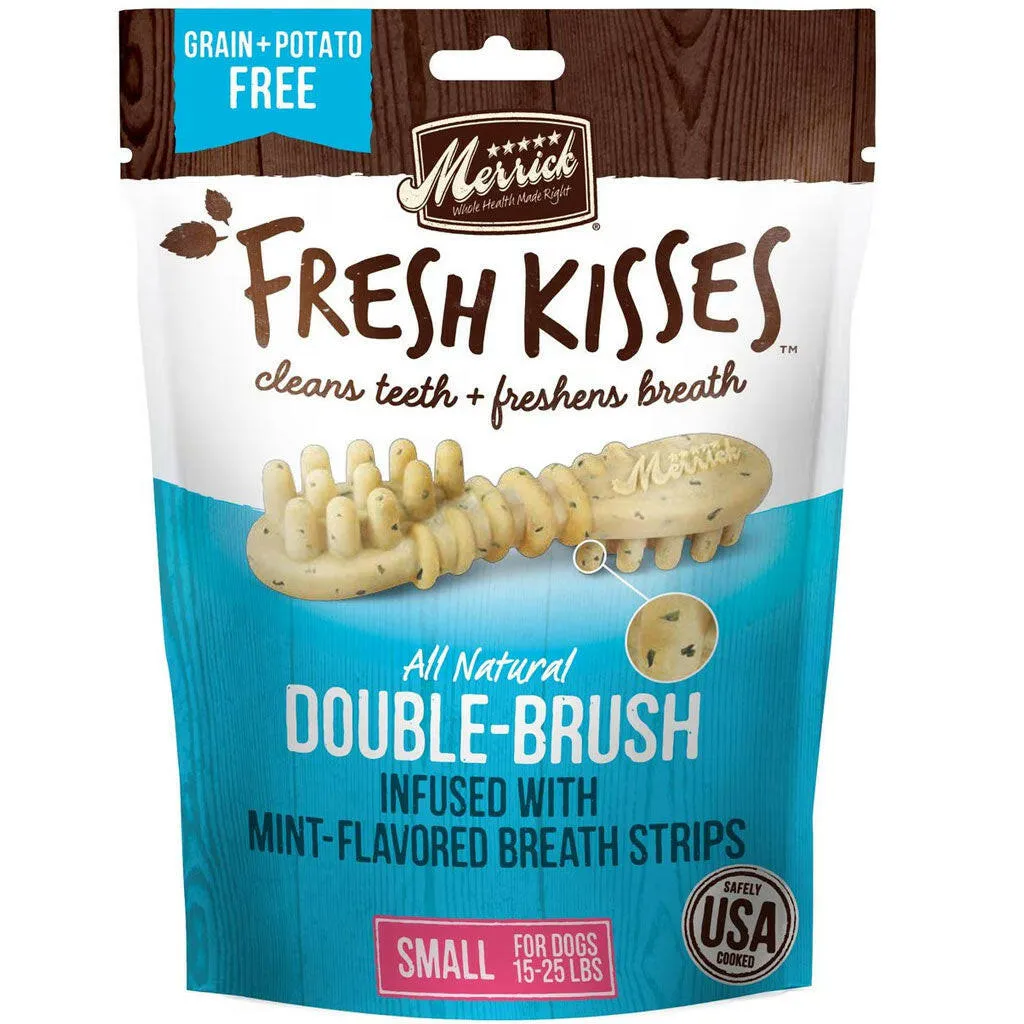 Merrick Fresh Kisses Double-Brush Mint Breath Strips Dental Dog Treats, Small