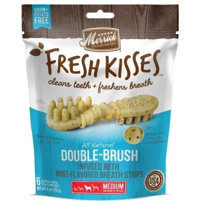 Merrick Fresh Kisses Grain-Free Mint Breath Strips Medium Brush Dental Dog Treats, 6 Ct